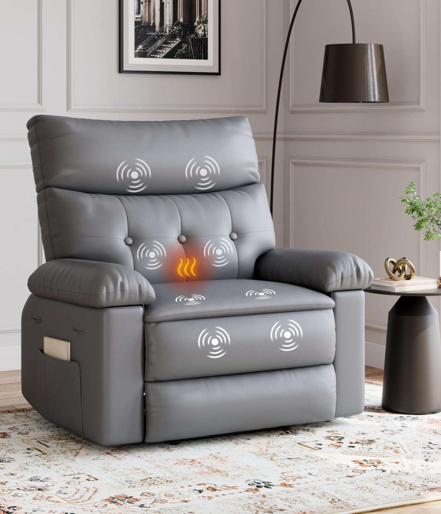 GarveeHome Oversized Wide Recliner Chair - Heat and Massage, PU Leather Extra Wide Manual Recliner for Adults, Large Lazy Chair with 1.5X Sponge Comfort Arm and Back for Living Room, Bedroom
