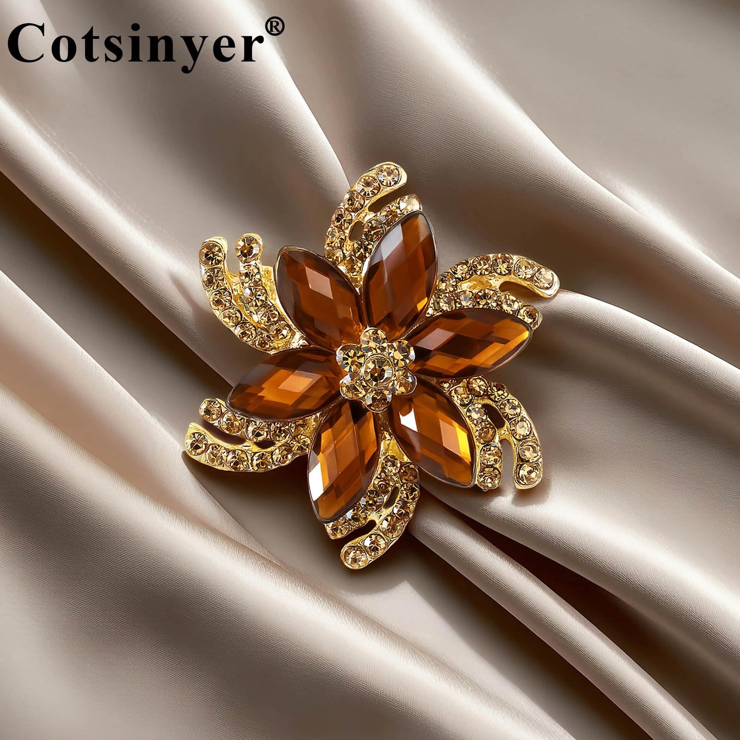 Cotsinyer Vintage Flower Brooch for Women - Elegant Gold-Toned Lapel Pin with Brown Rhinestones & Crystals for Suits, Coats, Dresses, Hats, Scarves and Shawls