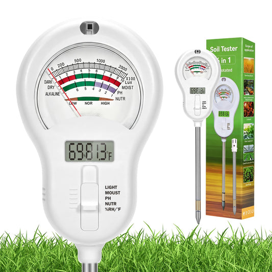 6-in-one Soil Test Kit-Soil Moisture Meter/PH Meter/Fertility/Sunlight Intensity Soil Tester, LCD Air Hygrometer&Temperature Moisture Meter for Plants-Garden, Lawn,Farm,2 Pack Detachable Probe