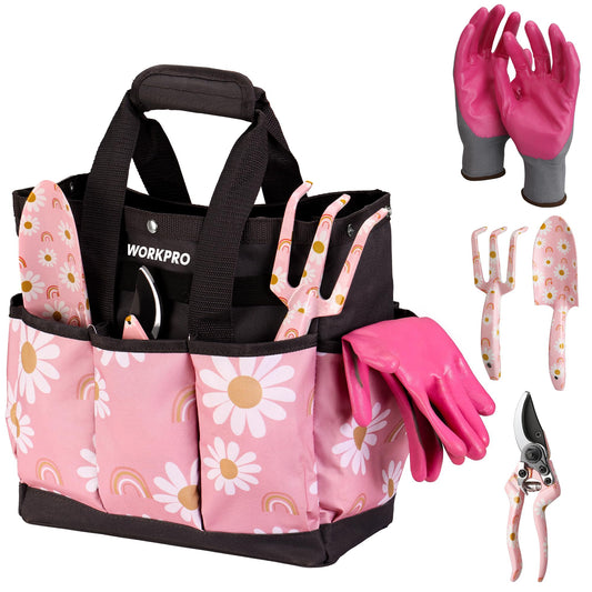WORKPRO 5PCS Gardening Tools, Aluminum Heavy Duty Garden Tool Set with Bag, Ideal Gardening Gifts for Women-Pink Ribbon