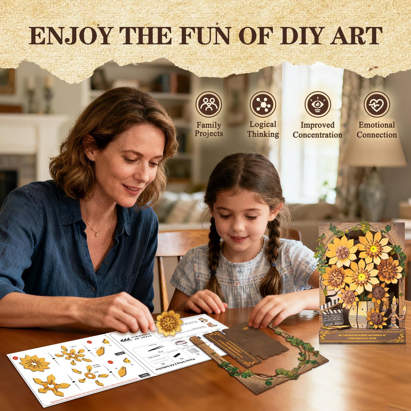 Cutywood 3D Wooden Puzzles for Adults - Sunflower 3D Art Wall Decor with LED Light, DIY Wooden Flowers Model Kit Building Set Crafts for Adults to Build Ideal Creative Gift for DIY Lovers