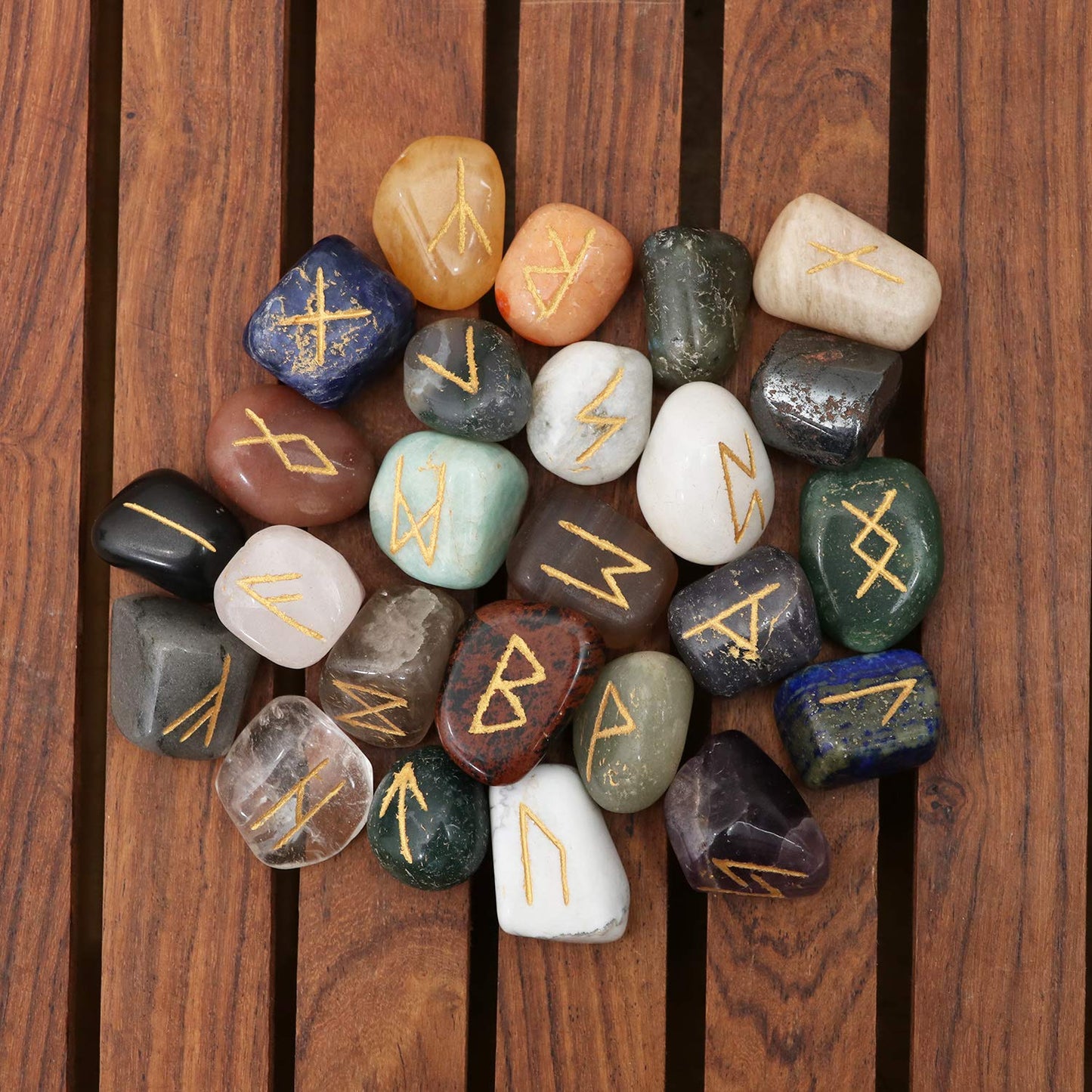 Crocon Mix Chakra Rune Tumble Shape Gemstone Rune with Elder Futhark Alphabet Engraved | 25 pcs Runes Set | Crystal Divination Healing Chakra Reiki | with a Pouch| Size : 25-30 mm