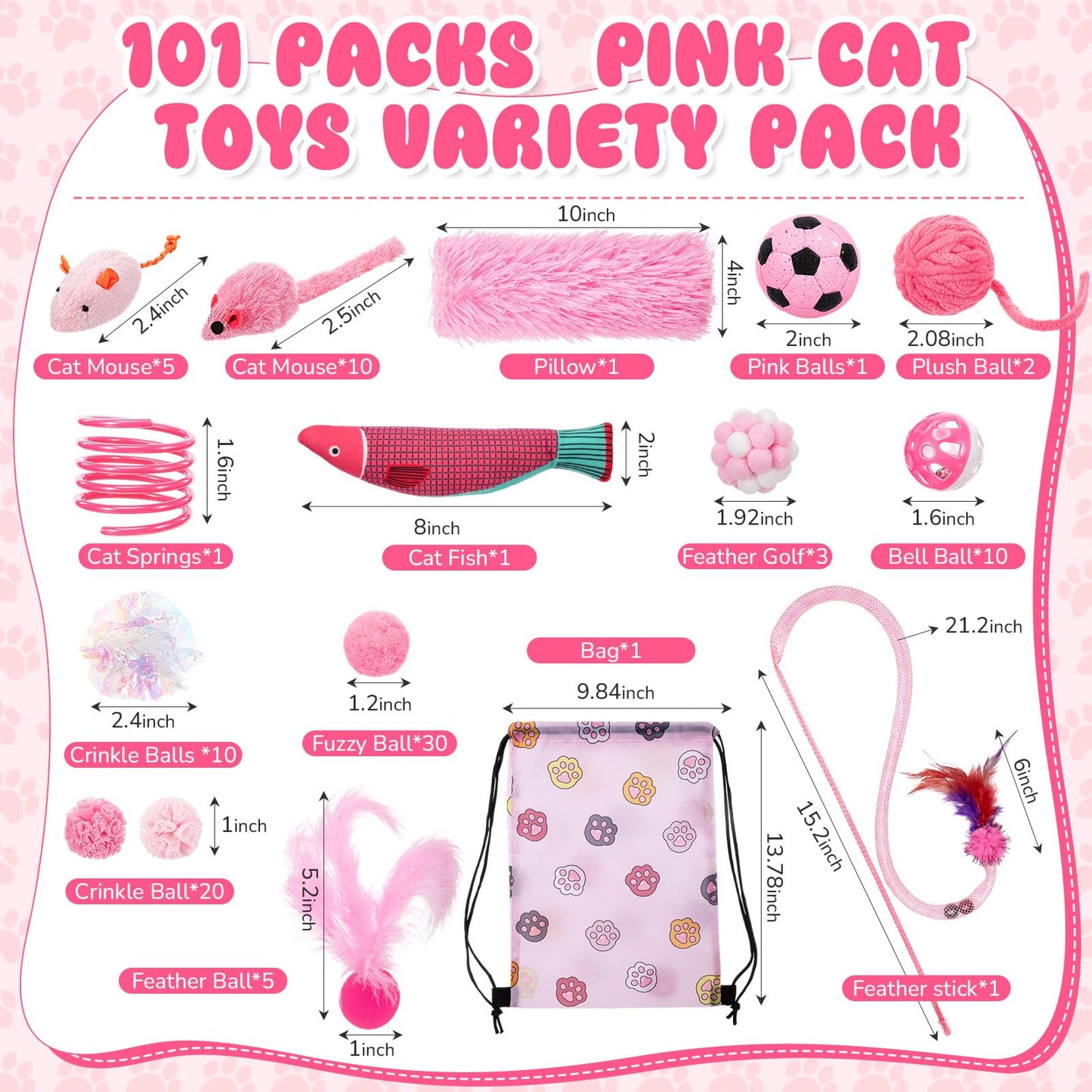 Leitee 101 Pcs Cat Interactive Toys Set with 1 Cat Paw Gift Storage Bags Feather Teaser Wand Springs Mice Fish Crinkle Balls Bell Balls Pillow, Puzzle Toys for Cats Gift Indoor (Pink)
