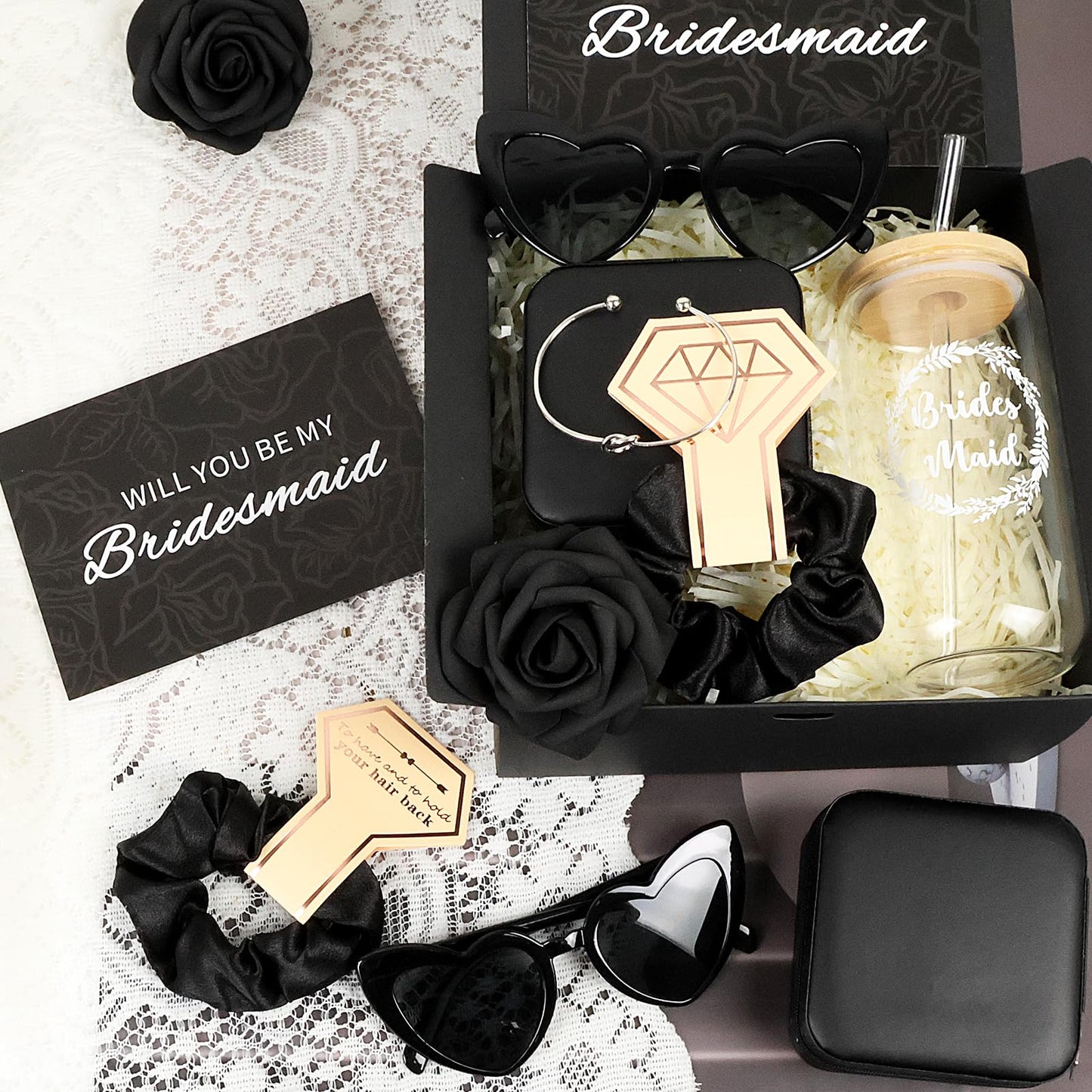 HOMENERGY Bridesmaid Proposal Gifts Set 6 - "Will You Be My Bridesmaid Kit with Elegant Box Jewelry Box Glass Cup Invited Cards Knotted Bracelets Sunglasses Scrunchies Raffia Grass (Black, 54 Pcs