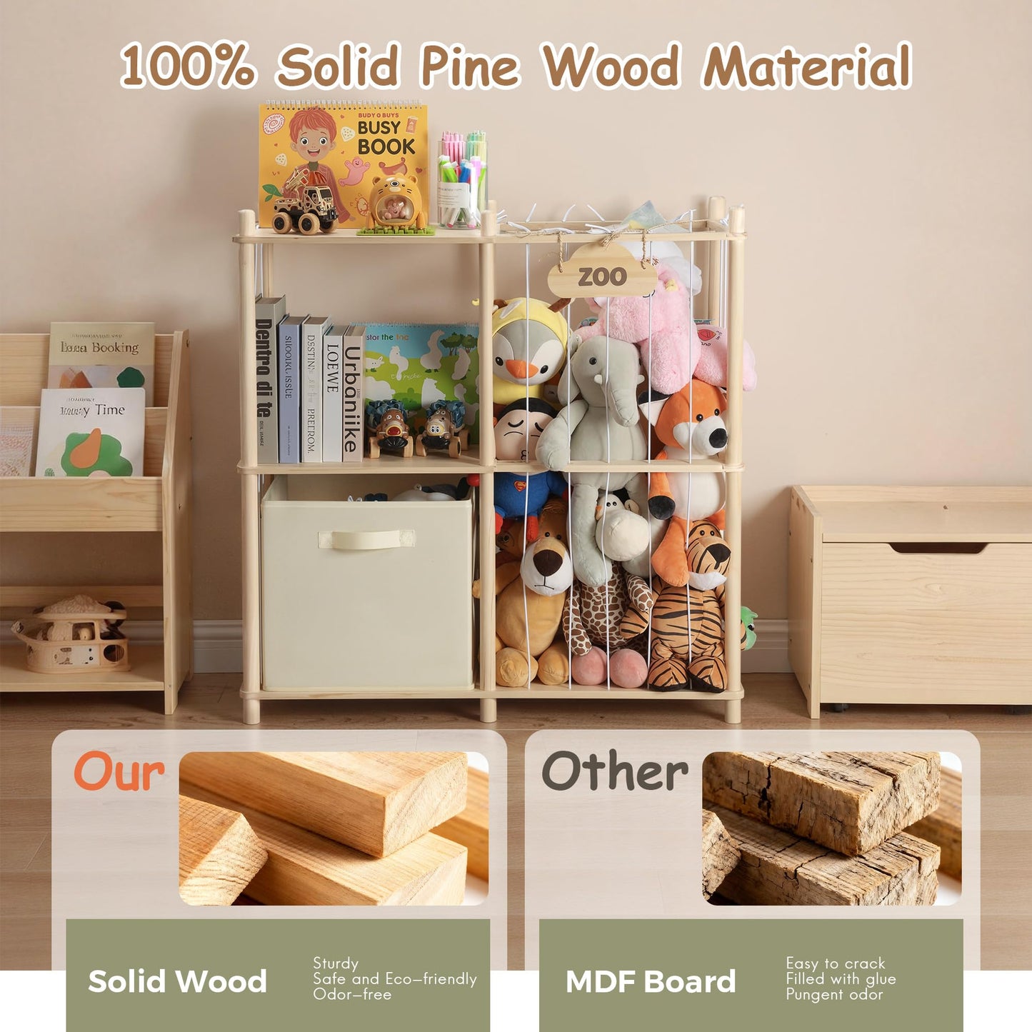 LAMU Stuffed Animal Storage and Kids Bookshelf, Wooden Toy Organizer with Large Toy Box Chest, Kids Bin Shelf Toys Box Bookcase, Stuffed Animal Zoo Holder for Bedroom Playroom Nursery