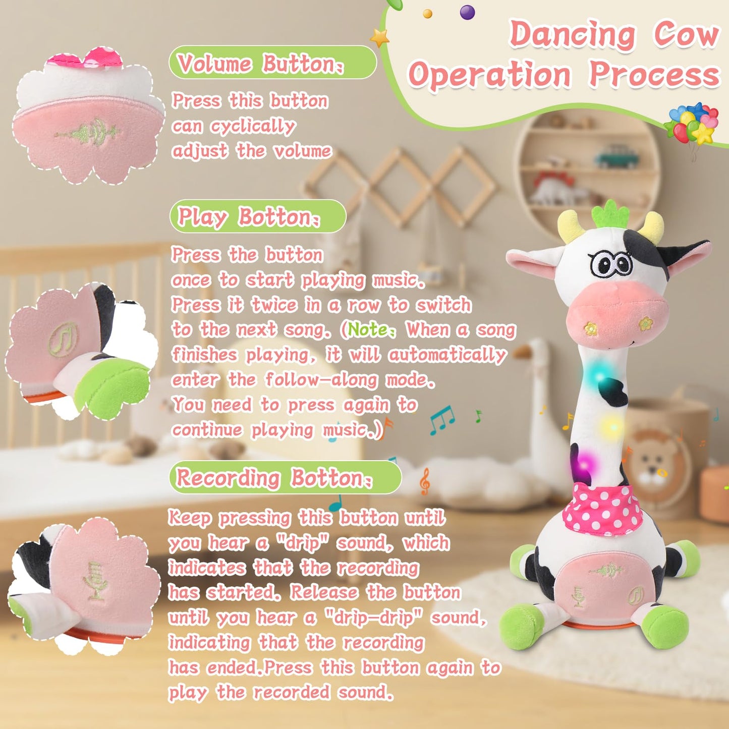 LLUKEME Cute Dancing Cow Interactive Plush Toy with Wiggling Neck | LED Lights | Voice Record & Repeat | 10 Children’s Songs | Funny Toy for Boys Girls Age 1-3