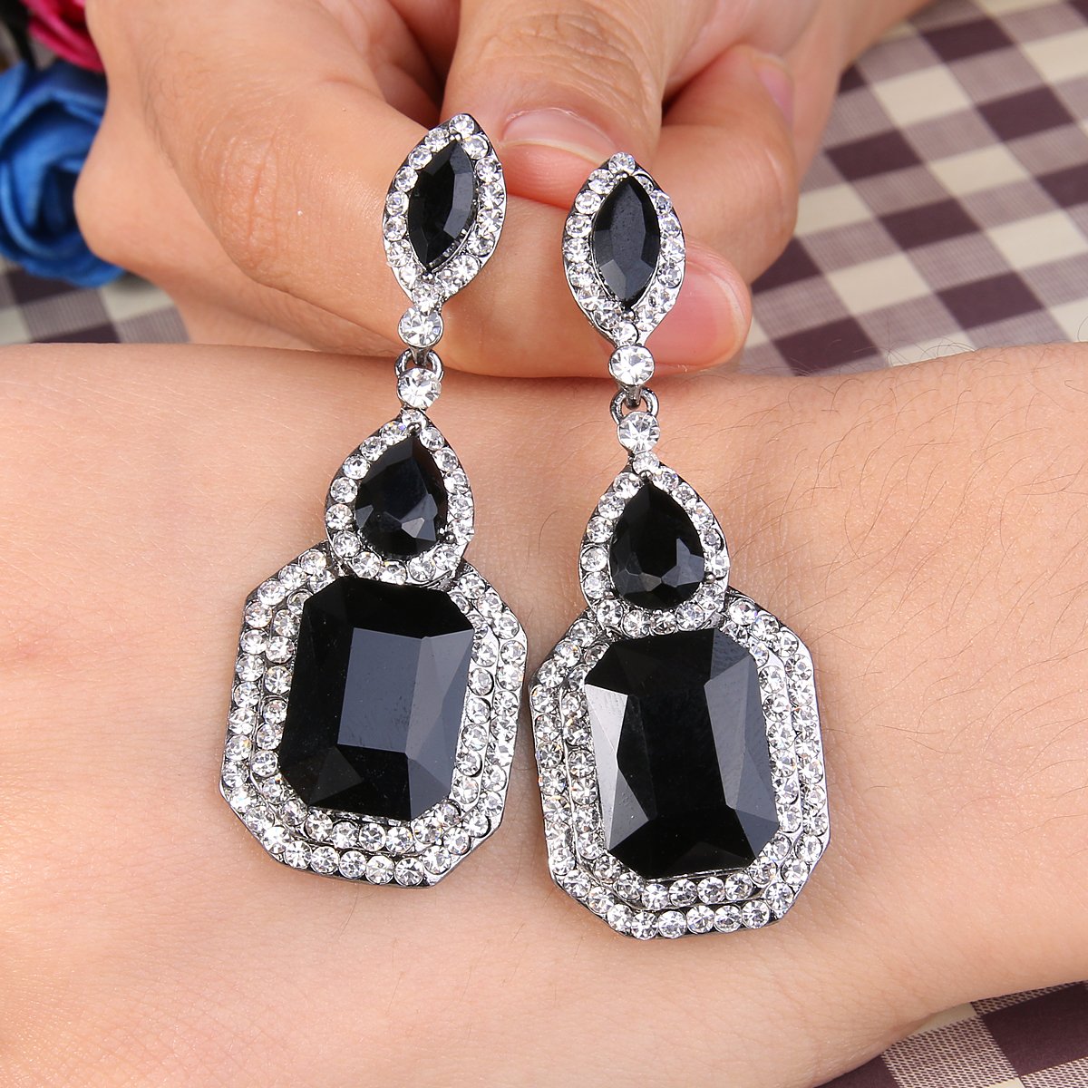BriLove Wedding Bridal Dangle Earrings for Women Emerald Cut Crystal Infinity Figure 8 Chandelier Jewelry Black/Clear Black-Silver-Tone