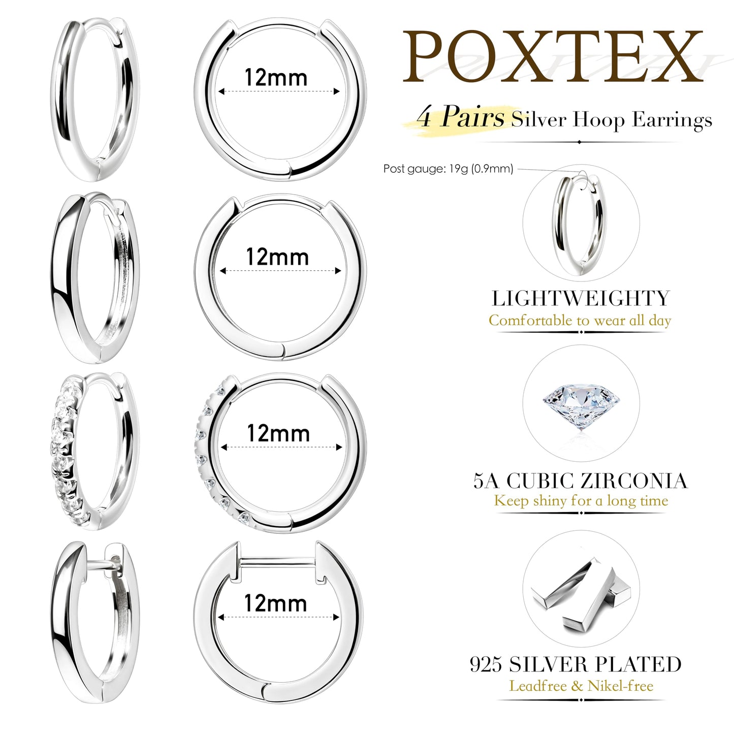 12mm Huggie Hoop Earrings Set for Women Men Trendy - Silver Plated Stack Cartilage Earring Multiple Piercing Lightweight Mini Thin Cute Dainty Clip On Jewelry Gifts for Women