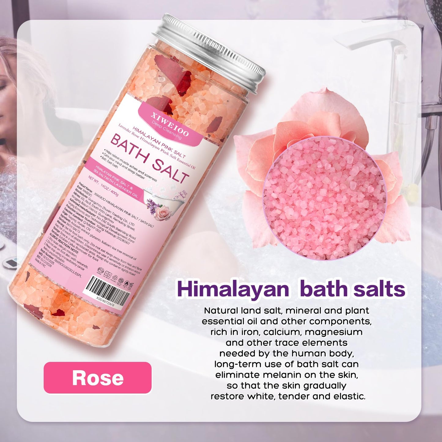 XIWEIOO Bath Salts Set -56 oz, Pack of 4 Natural Epsom Salt for Soaking Rose Salts kit - Essential Oils Relaxes and Better Sleep Himalayan Pink Salt Foot Soak Tea Tree Oil for Women
