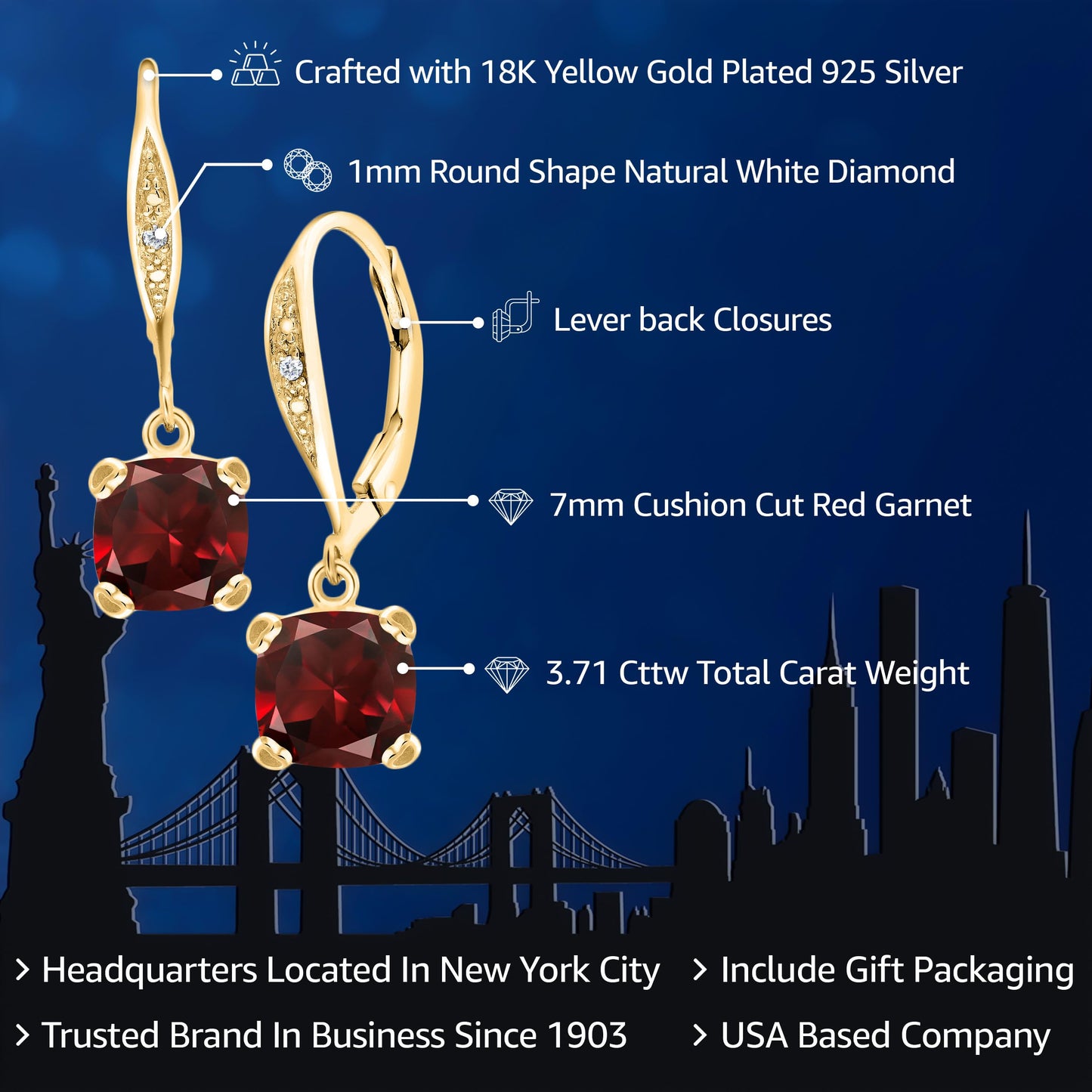 Gem Stone King Drop Dangle Earrings For Women | 7MM Cushion Cut Gemstone Birthstone and Diamond | 925 Sterling Silver | Jewelry Gift for Mom Wife Her | Garnet-January | Yellow Gold