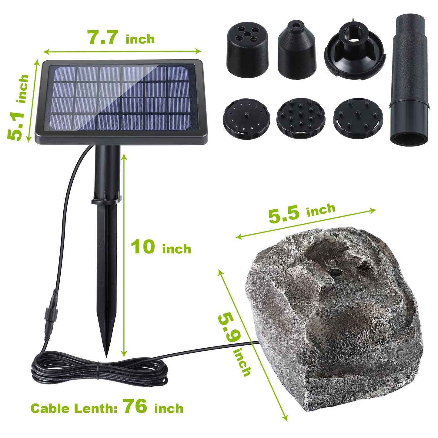 Solar Fountain Bird Bath with Solar Panel, Rockery Granite Water with 5 Nozzles Solar Water Fountain for Birdbath Outdoor, Pond, Patio Garden, and Fish Tank