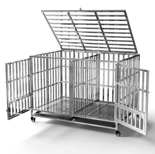 FoQualy Collapsible Stainless Steel Dog Crate, 30" 37" 42" 48" Sizes, Lockable Wheel, with Tray, Stackable, Heavy Duty, Divider, Indoor and Outdoor (48insm)