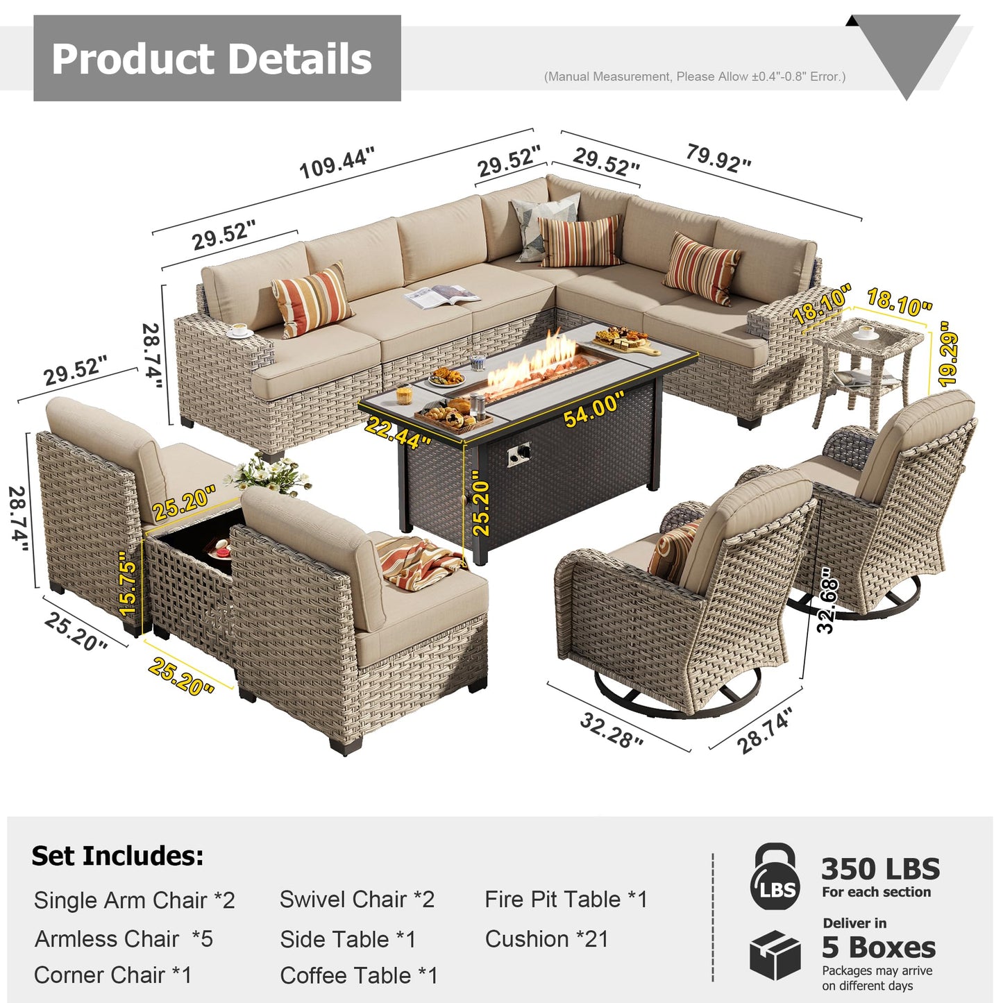 HOOOWOOO Outdoor Sectional Patio Furniture Set with Fire Pit Table,13 Pieces Wicker Conversation Sets L Shaped Couch,Extra Deep Out Door Sofa Outside Furniture with Swivel Rocking Chairs,Beige