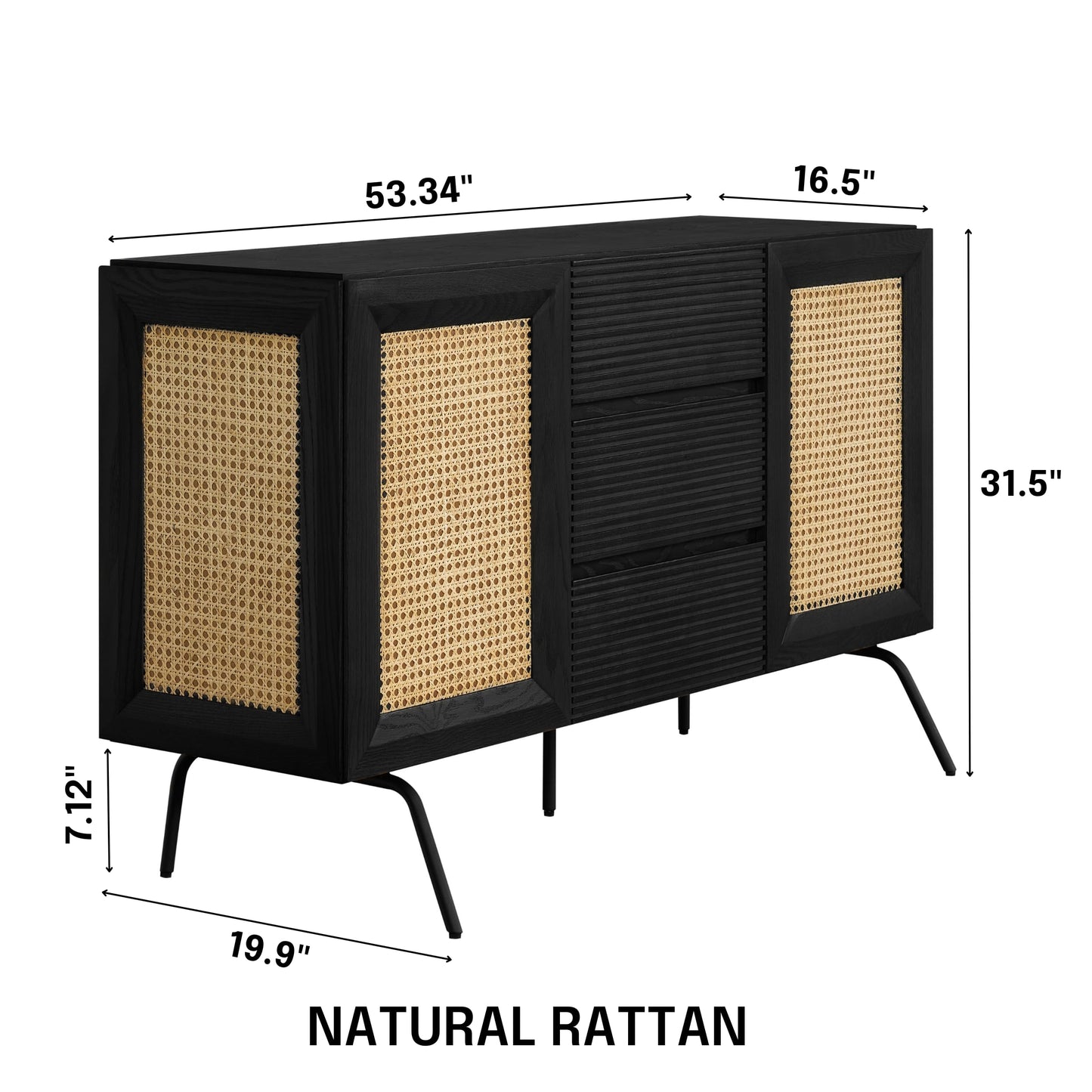 NTC MOSSIC Sideboard with 2 Doors and 3 Drawers, Buffet Cabinet with Natural Rattan and Metal Legs, Modern Storage Cabinet for Living Room, and Hallway, Effortless Assembly - Burnt Black