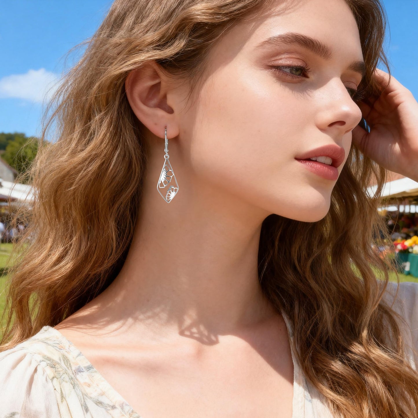 925 Sterling Silver Dangle Earrings Hypoallergenic Filigree Flower Double-Sided Carved Dangle Earring for Women Geometric Leverback Earring Lightweight Silver Drop Earings for Women Jewelry Gift
