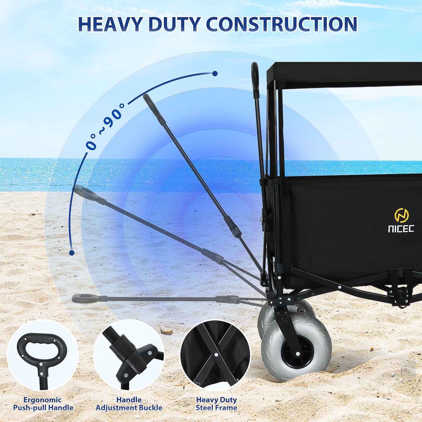 Nice C Beach Wagon with Canopy, Beach Cart with Ballon Wheels for Sand, 9'' Big Sand Wheels, 220 lb Capacity, Adjustable Handle, for Camping, Groceries