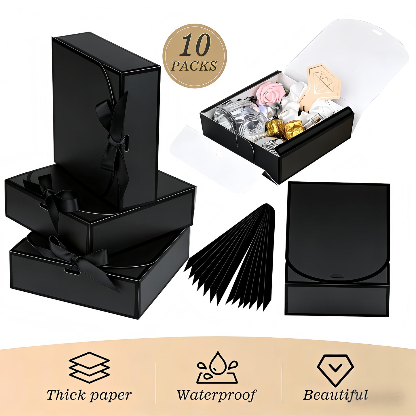 Treelement 10Pcs Black Gift Boxes with Lids,10.6×7.8×3.1 Inch Bridesmaid Proposal Boxes with Ribbons and Stickers for Wedding Gifting,Birthday,Party Favors，Baby Shower,Return Gifts