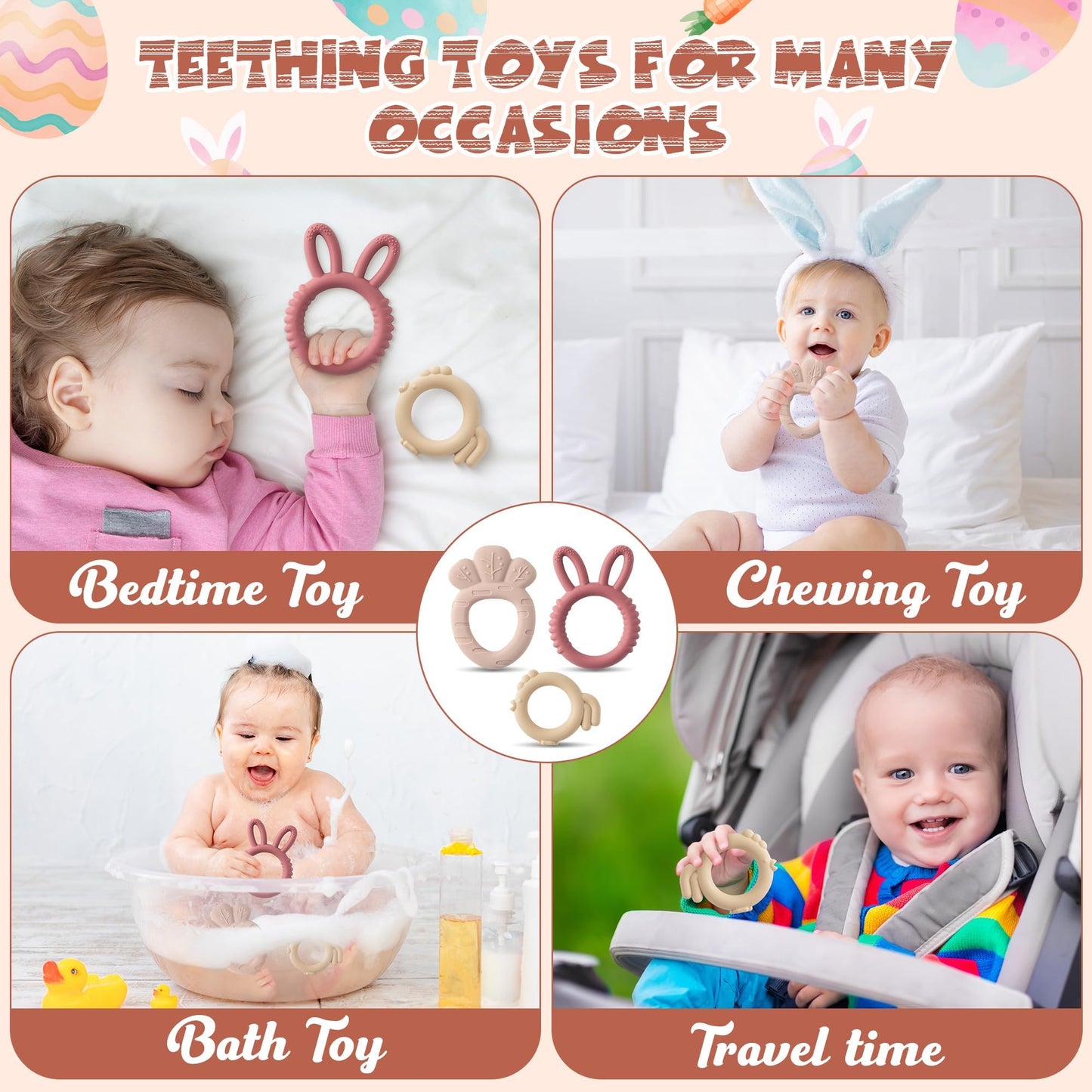 Easter Silicone Teethers for Babies - 2ooya 2Pcs Bunny Chick Carrot Infant Teething Chew Toys, Toddler Sore Gums Pain Relief Toy for Newborn Boy and Girl Spring Easter Baby Shower Birthday Gifts