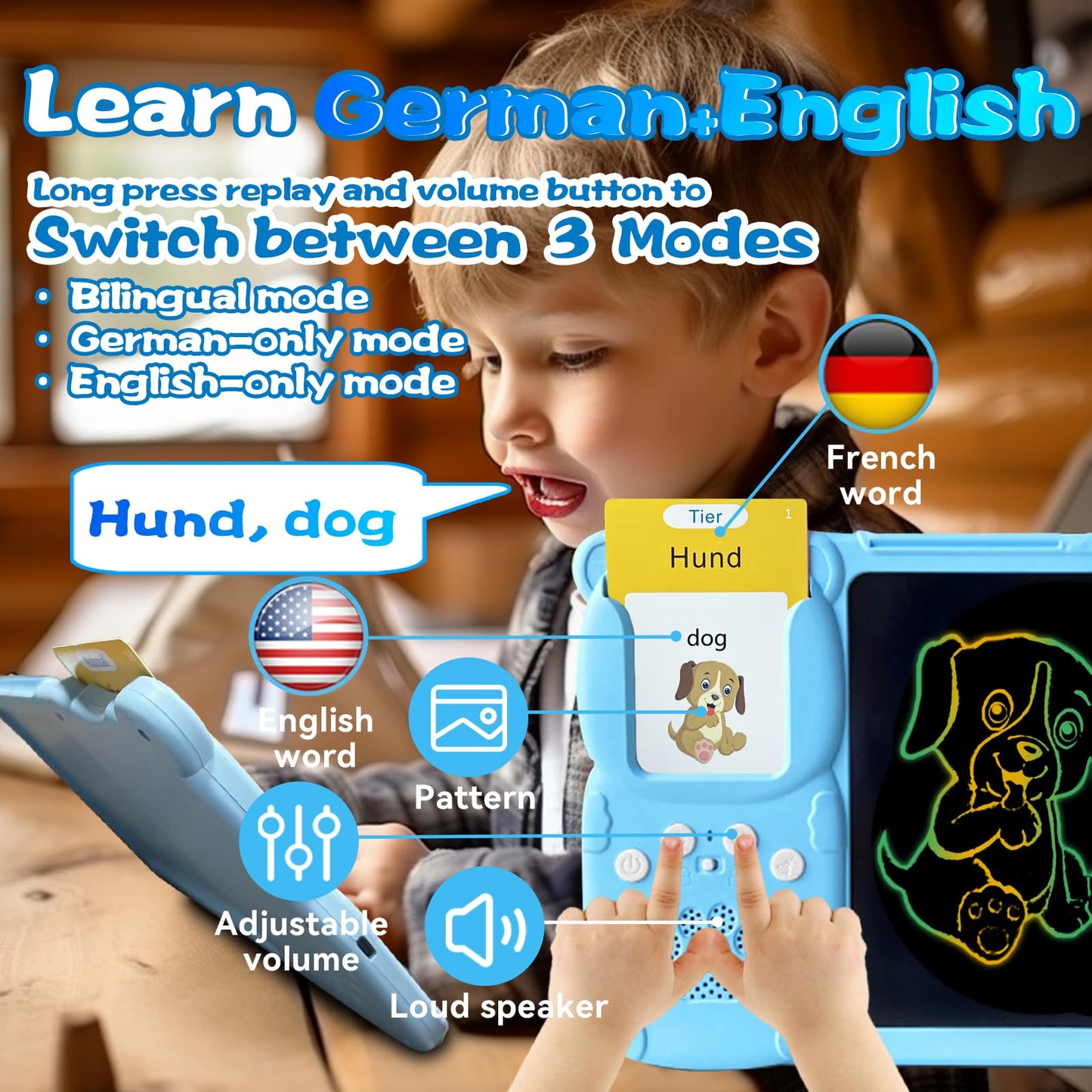 KILOGOGRAPH LCD Writing Tablet for Kids 3-12 - Talking English German Flash Cards, Bilingual 510 Sight Words, Toddler Pocket Speech, Learning Drawing Pad Board, Autism Toys for Children Boys (Blue)