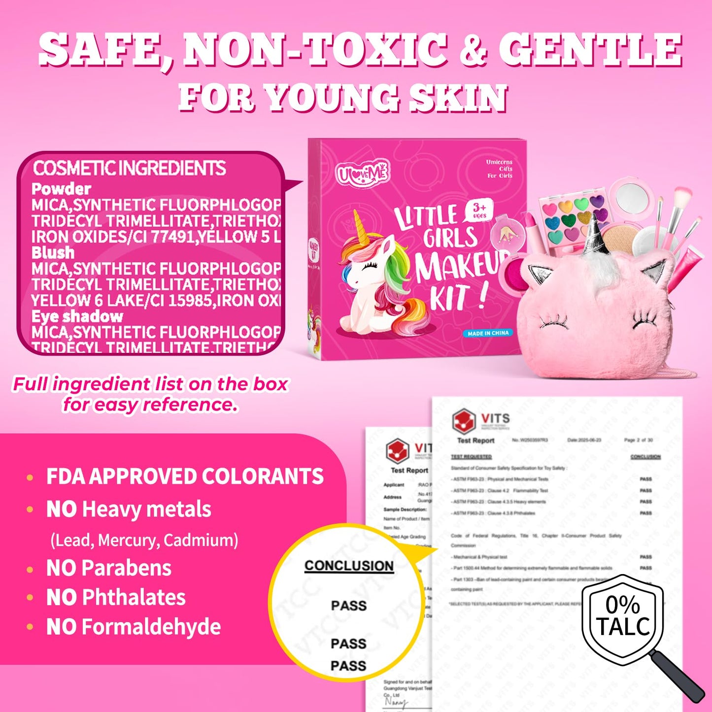 ULOVEME Mica-Based Kids Makeup, Talc Free Real Makeup Kit for Girls with Fluffy Purse - Hypoallergenic Makeup for Sensitive Skin Kids - Non Toxic & Washable - Gift for 5 -8 Years Old Girls Birthday
