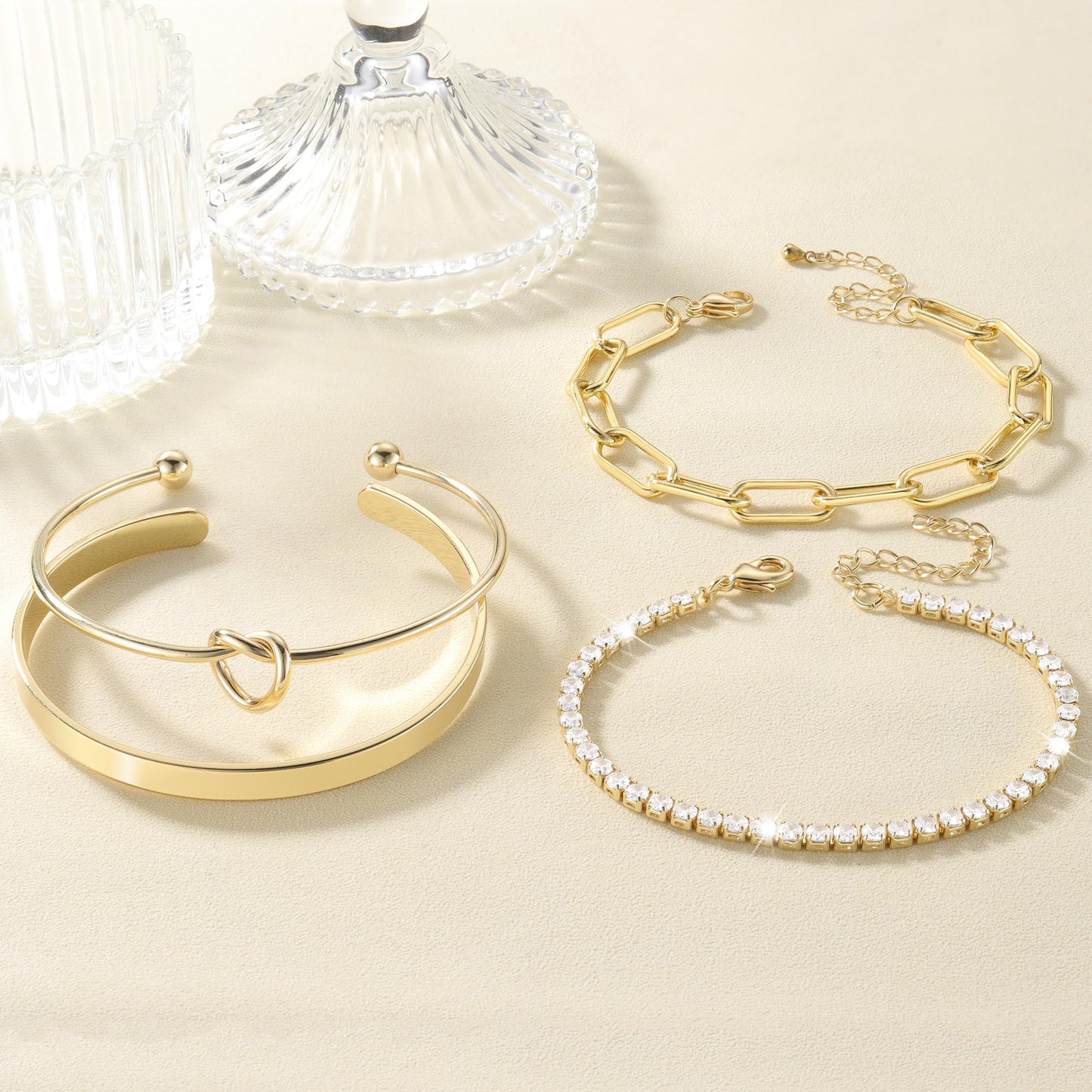 Reoxvo Gold Stacked Tennis Bracelets for Women Gold Bangle Cuff Bracelets Set for Women