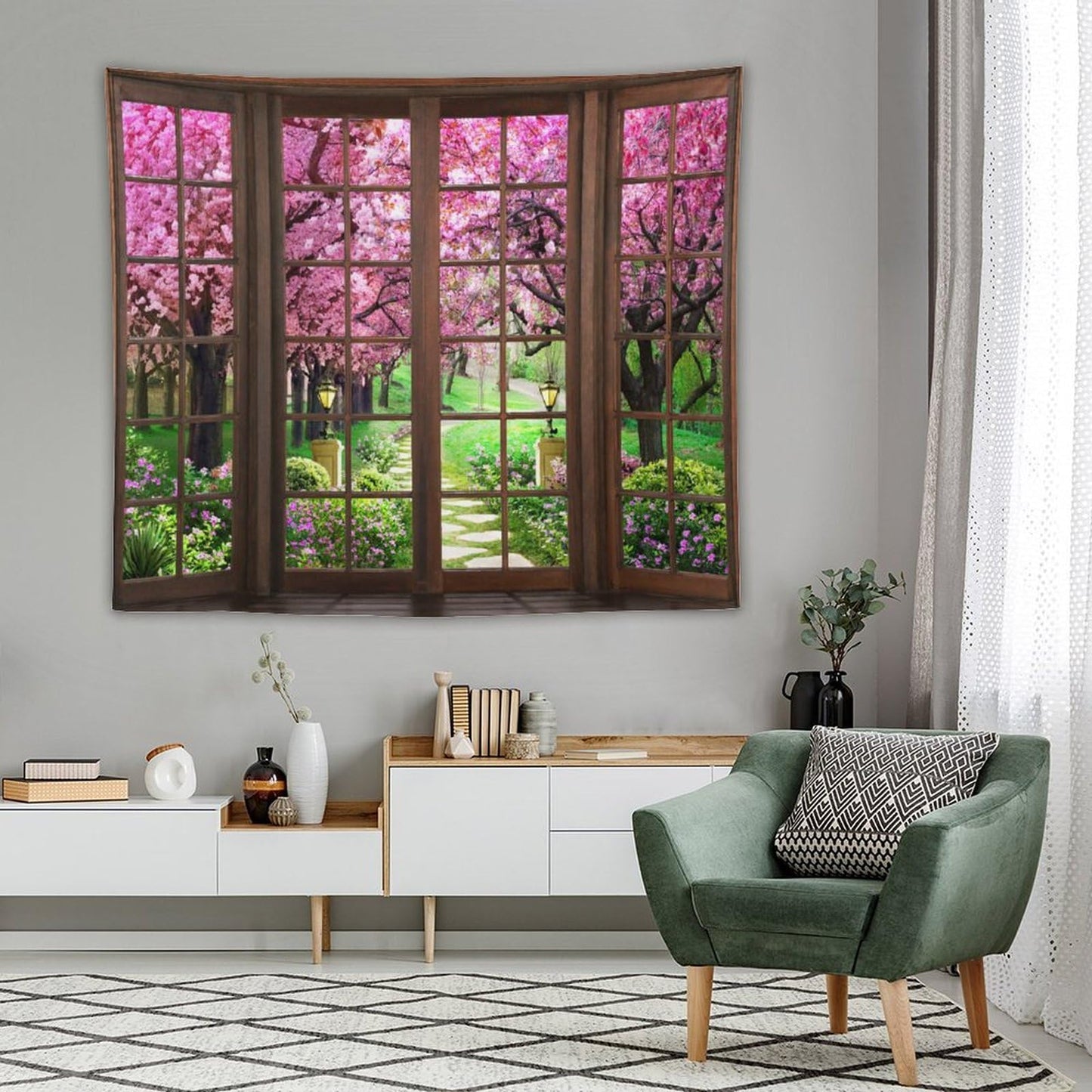 ZhiRain Cherry Blossom Path Landscape Tapestry Wall Hanging Park Bench Scenery Tapestries Home Decor for Living Room Bedroom Apartment Farmhouse Dorm 50"x60"