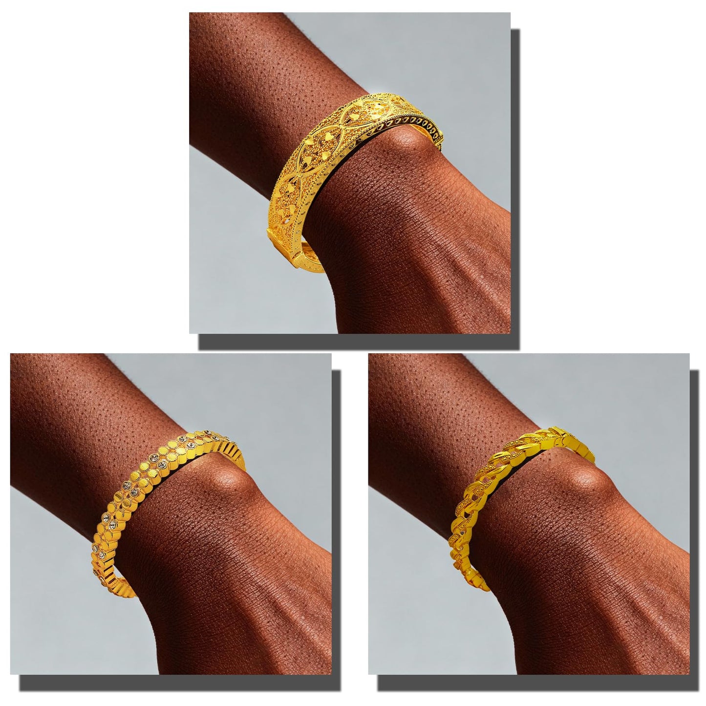 FIVESWEET 18K Gold Plated Women's Bangle Bracelet Set - Stackable Bulk Bracelets with Chain、Diamond-Circle、Hollow-Carved Designs, Minimalist Stylish Elegant, Tarnish & Oxidation Resistant, Gift for Her Girlfriend Wife Mom Sister Lover on Birthday Christ
