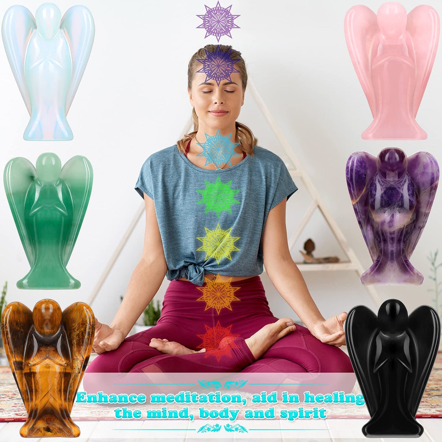 Hicarer 6 Pcs Small Crystal Angel Figurines Mini Guardian Statue Natural Gemstone Carved Pocket Crystal Figurines Stones Decor Gift 1.5 Inch Love Peace Healing(Bright Color)