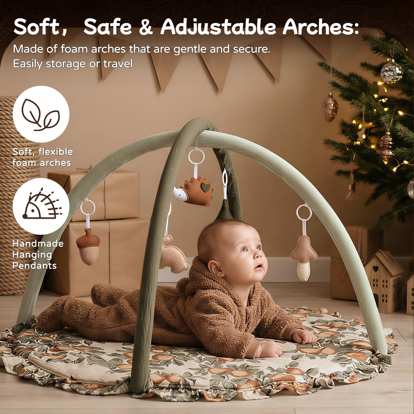 Baby Play Gym Play Mat, Infant Activity Center with 5 Sensory Toys 0–18 Months Developmental Tummy Time Mat, Baby Gym & Activity Mat Apple-Leaf Printed for Newborn Shower Gift Baby Essentials