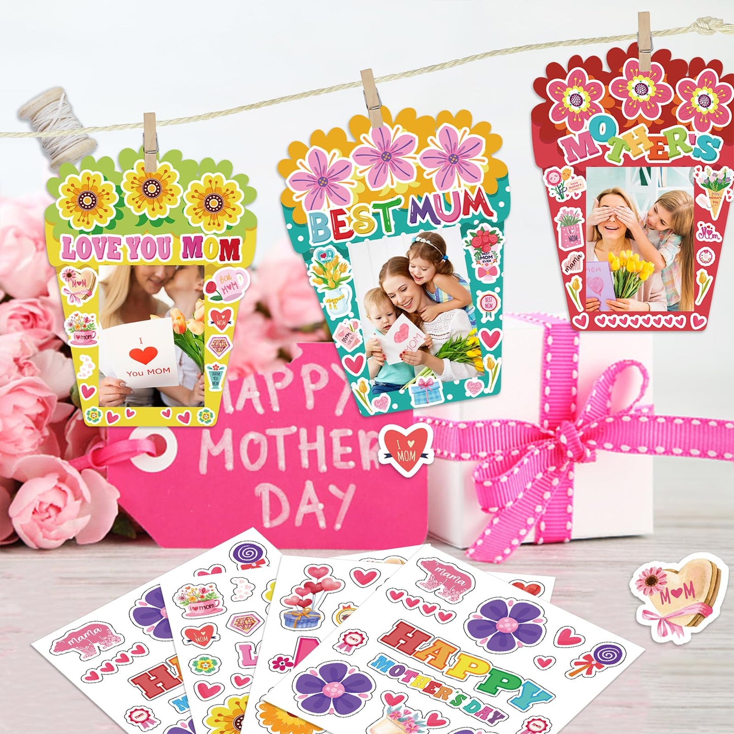 Hayux Mother's Day DIY Craft Kits for Kids 24 Packs DIY Love You Mom Flower Photo Frames Set with Stickers Paper Picture Frames Funny Mother's Day Gifts Craft for Classroom Kindergarten Party Decor