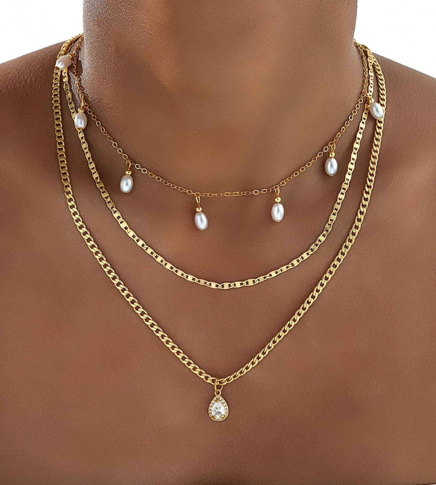 YEEZII Layered Gold Necklaces for Women Trendy, 3 Pcs 14K Gold Plated Choker Paperclip Box Chain Necklace, Stackable Women's Gold Pendant Necklaces Jewelry Set (Gold-3 Pcs-Pearl)