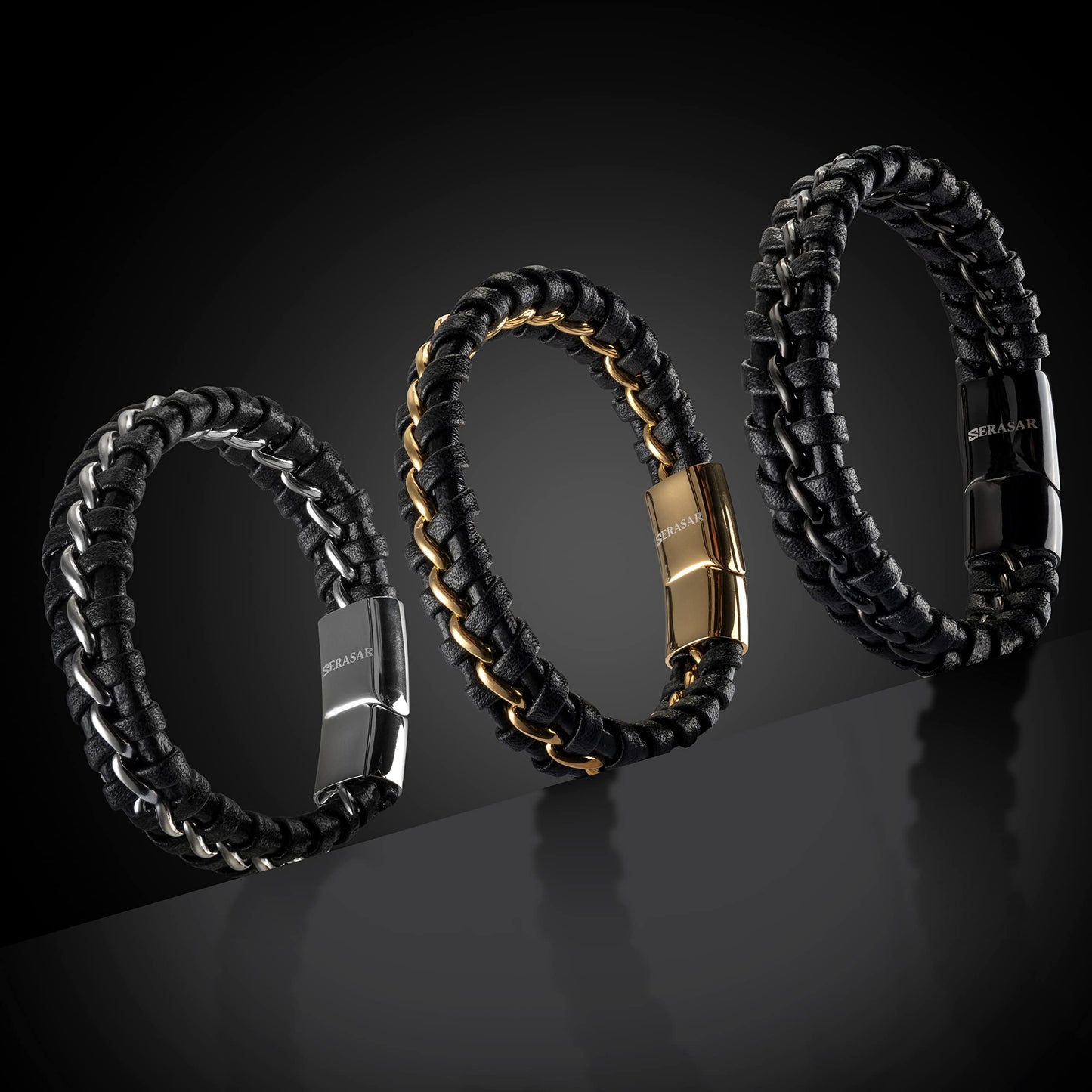 SERASAR Leather Wristbands for Men 23cm Gold Bracelet Gift Box Genuine Cowhide Braided Adjust Able Magnetic Clasp Multi Layer Wrap Rope Mens Bracelets Band Jewelry Magnet Accessories