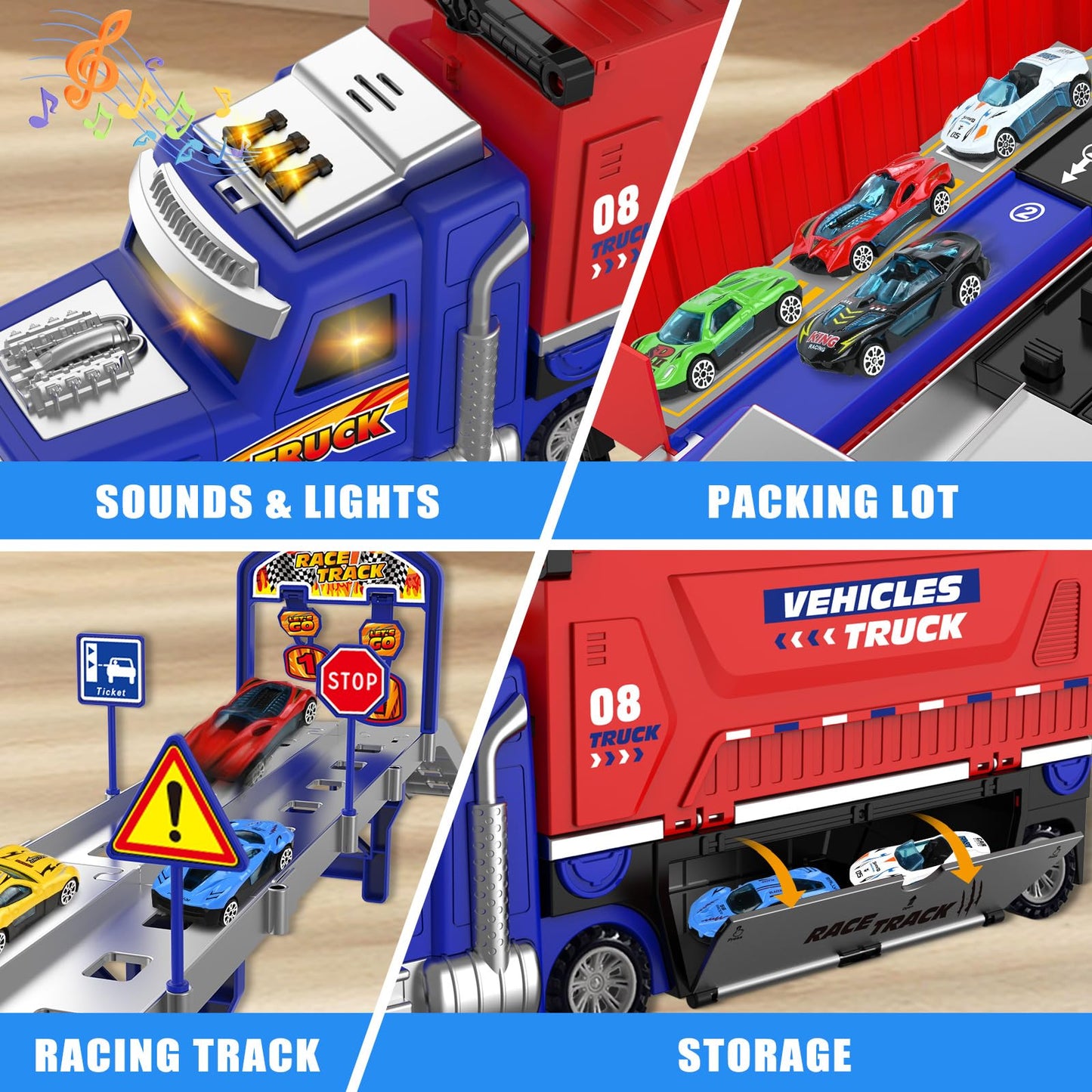 SpringFlower Carrier Truck Race Track Toys, Boy Toys for 3 4 5 6 Years Old Boys with Lights Sounds, Transporter Race Track with 6 Die-Cast Car, Vehicle Toy for Kids Birthday Gifts