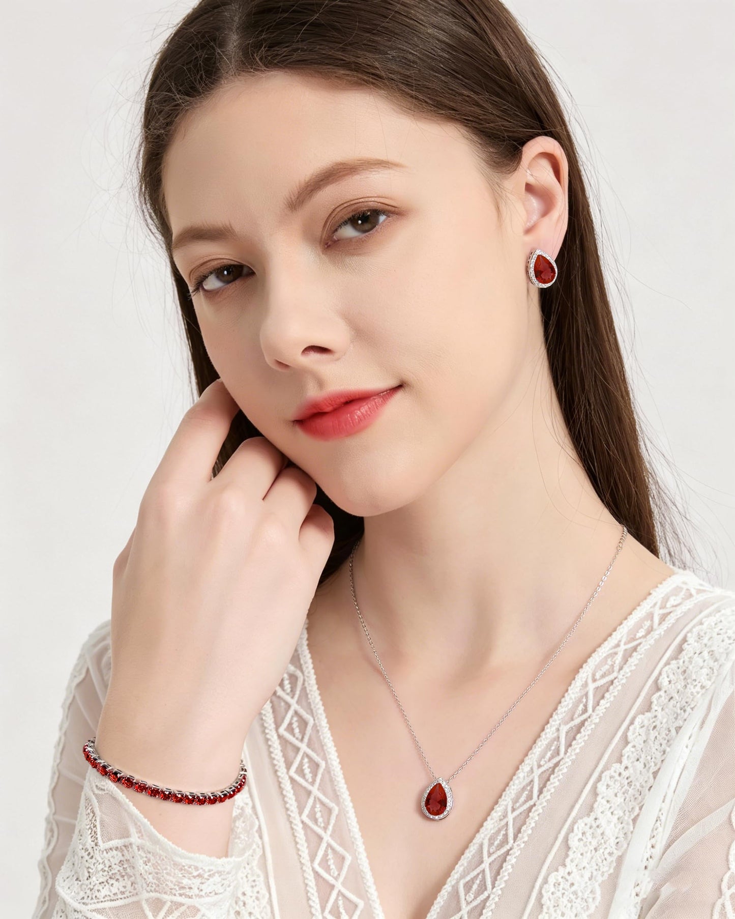 UDYLGOON Teardrop CZ Bridal Jewelry Set Imitation Diamond Earrings Necklace Bracelet for Bride Bridesmaids Wedding Prom Party (Tennis-Red)