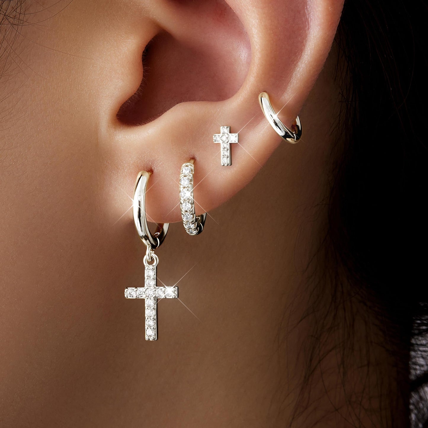 Cross Earrings for Women, Gifts for Christian, Christian Catholic Religious Baptism Gift for Men Women Faith, Jesus Stuff, Cute Christian Silver Jewelry Set Conch Helix Rook Tragus Earring Sets for Multiple Piercing Gifts Trendy Stuff