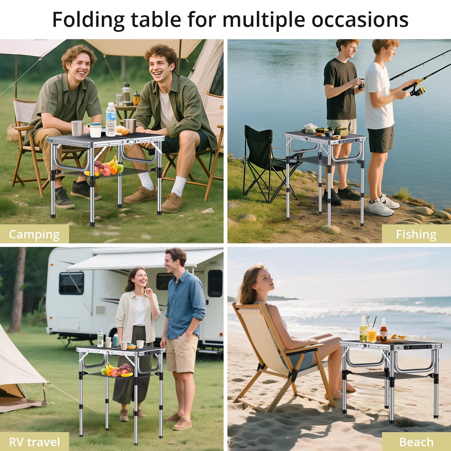 Anbte Folding Camping Table, Aluminum 24" x 16" Adjustable Height Small Folding Table with Carrying Handle, Lightweight, Portable Camping Table Waterproof for Outdoor Indoor Picnic Beach BBQ (Black)