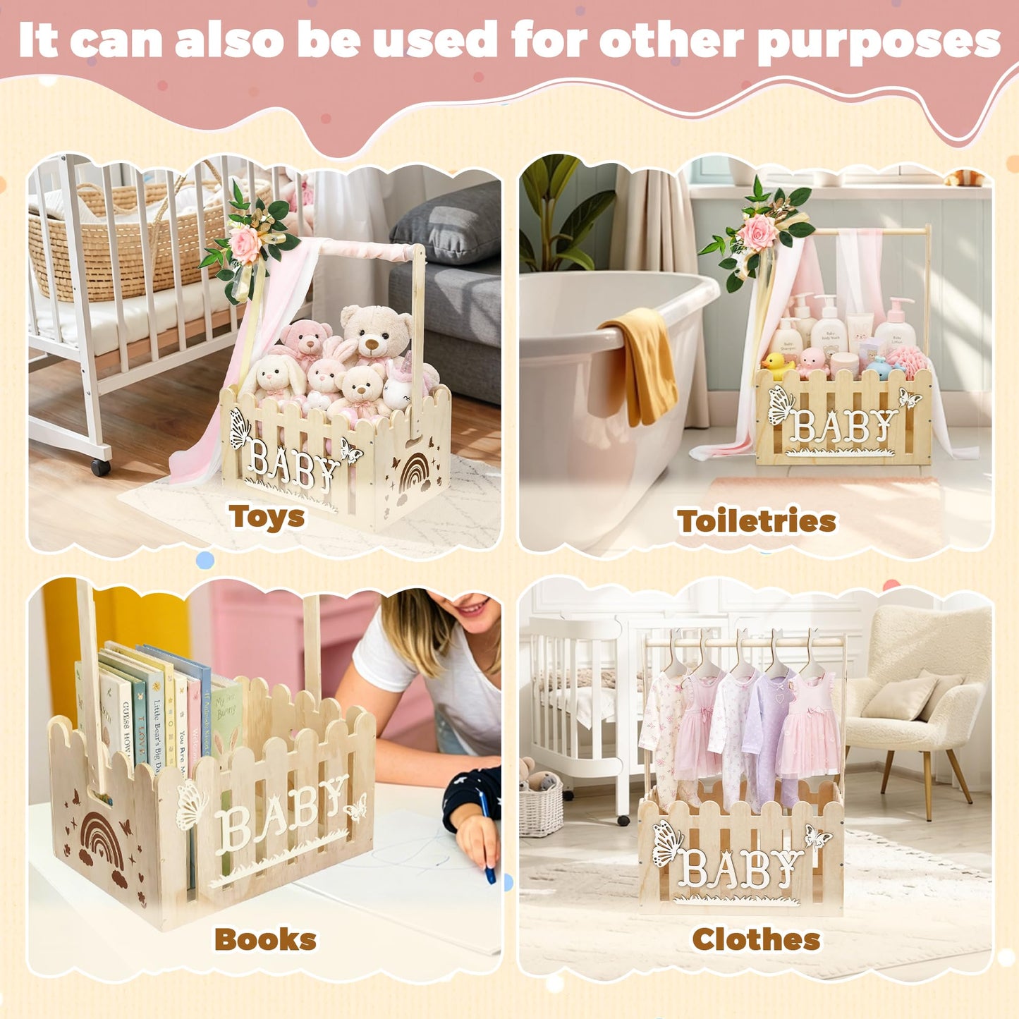 KYNUG Wooden Baby Shower Crate Closet With Hanger Rack, Wooden Baskets for Baby Shower With Handle Girl Welcome Box Personalized Baby Gifts Crates - Easy Assembly (Girl)
