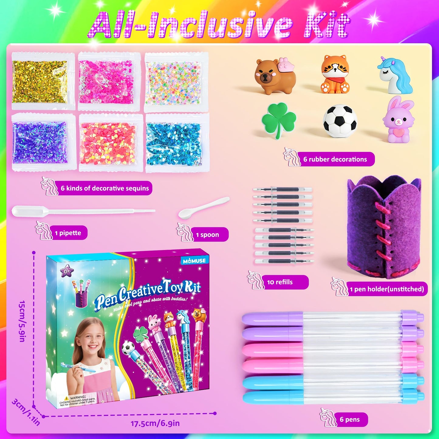 MOMUSE DIY Pen Making Kit, Fun Pen Creator Studio – Make 6 Sparkly Glitter Pens & Stitch Your Own Pen Holder, Creative Craft Toy Sewing Kits for Kids Girls Tweens 6 7 8 9 10 11 12 Birthday Gift
