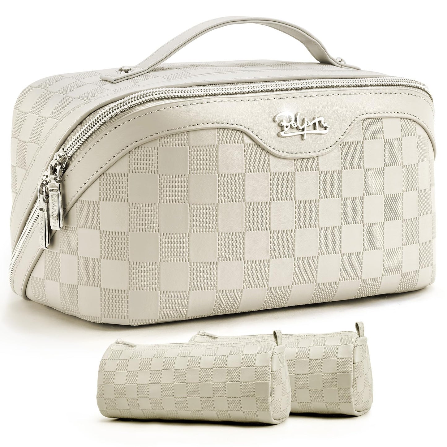 BOYATU Travel Makeup Bag Organizer: 3 Pcs Set Large Capacity Cosmetic Bags Holds 10–20 100ml Full-Size Bottles - 180°Open-Flat Make up Case 3-sec touch-up - Toiletry Bag Gift women (01-D-Beige)