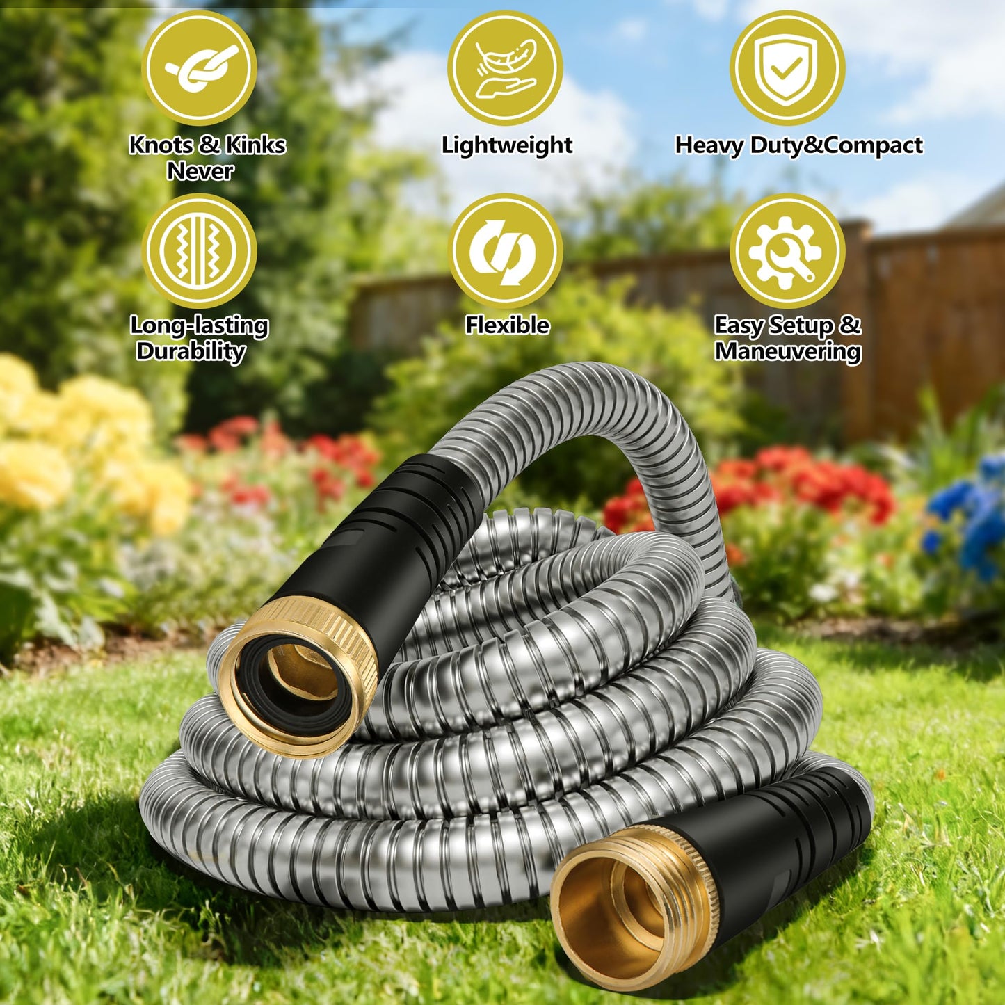 75 ft Stainless Steel Garden Hose - 2026 New Upgraded Metal Water hose - Flexible Water Hoses Pipes with Latex Core, 3/4" Solid Brass Connector - No-Expandable Watering Garden Hoses