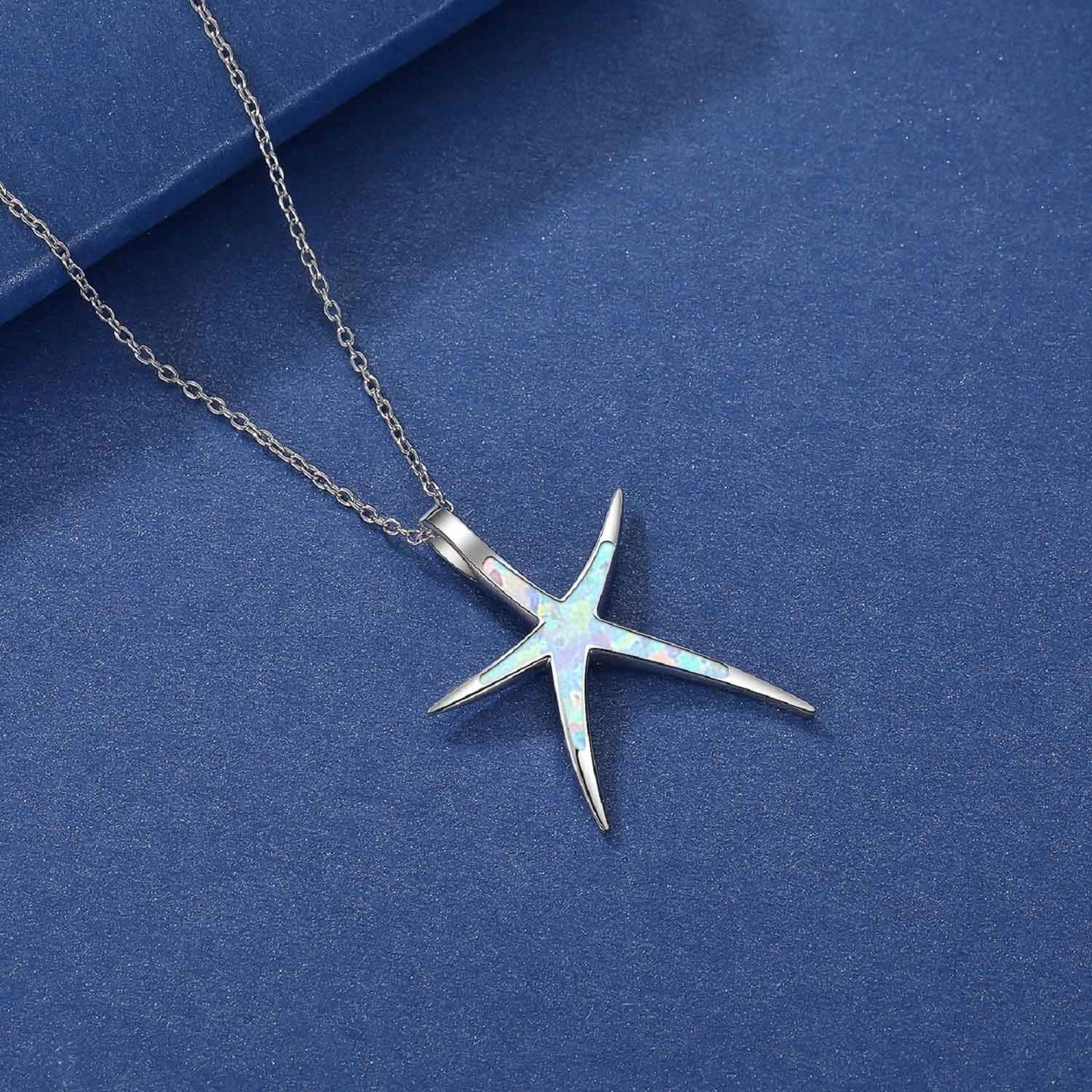 Cuoka Starfish Necklace, 925 Sterling Silver with White Opal, Hawaiian Beach Nautical Ocean Pendant, Starfish Jewelry Opal Jewelry Valentine for Women Girlfriend