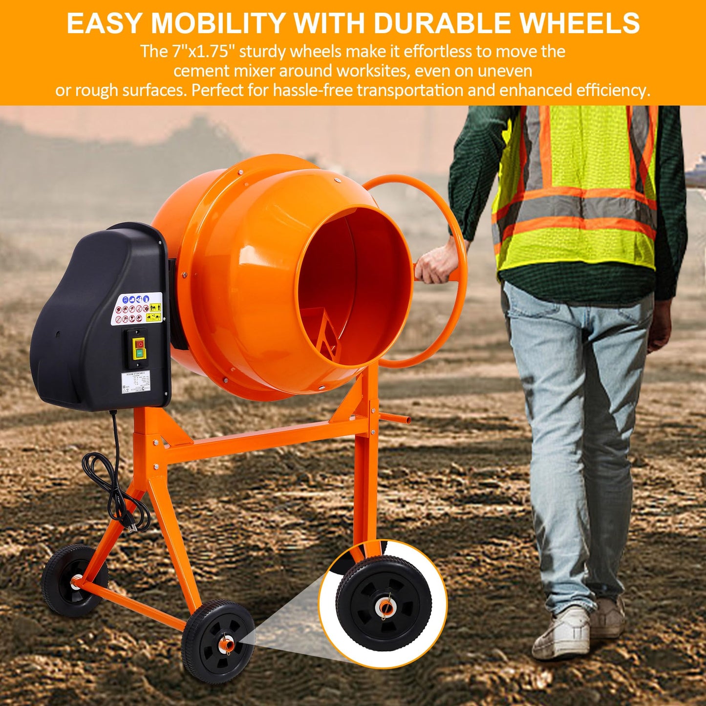 WORVISTA 5.0 Cu. Ft Electric Cement Mixer, 650W 4/5 HP Portable Concrete Mixer with Wheels and Stand, Heavy Concrete Mud Mixer Tools, Adjustable Tilt for Mortar Stucco Seeds and Fodder, Orange