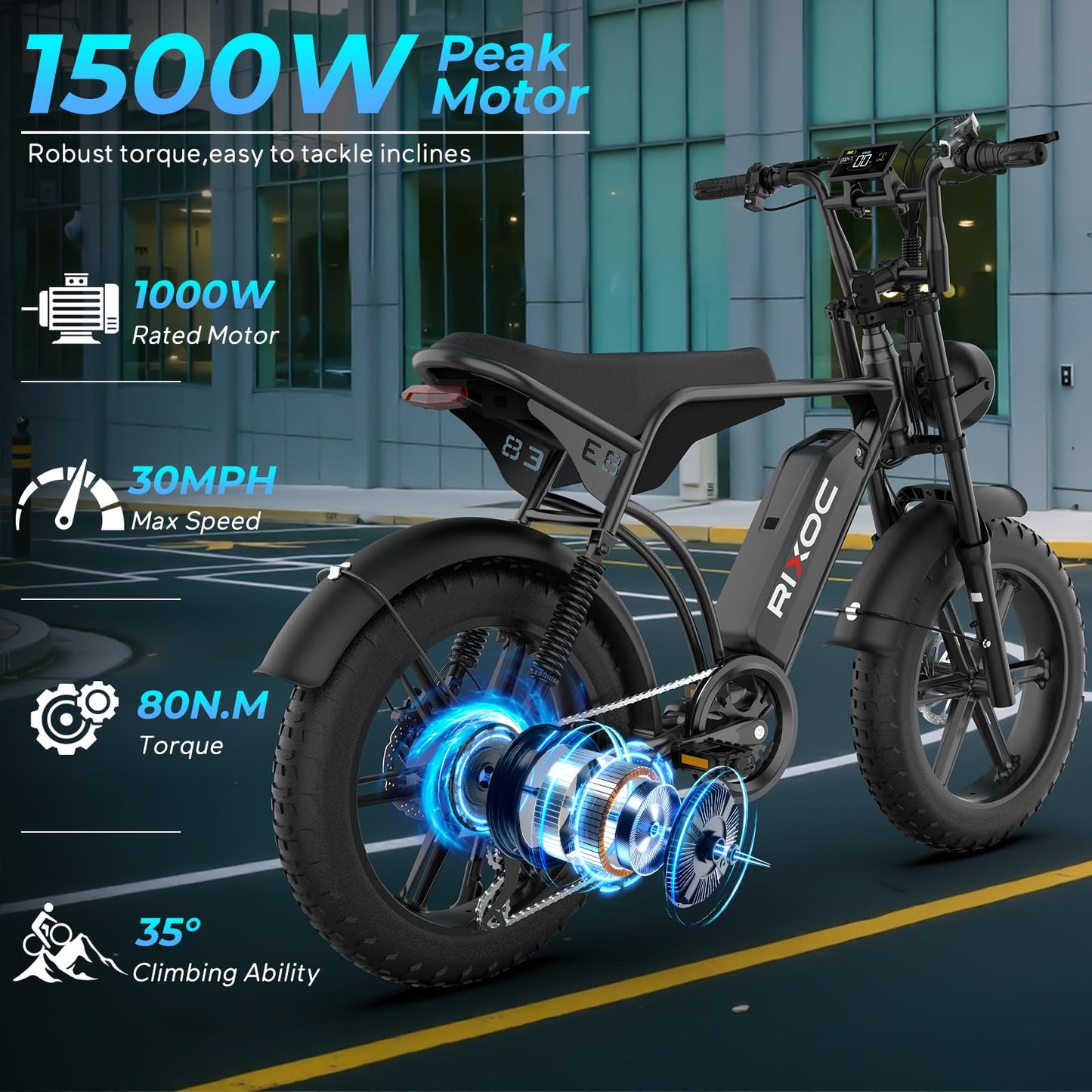 RIXOC E8 Electric Bike for Adults, 1500W Motor (Peak), 30 MPH Ebike, 20'' Fat Tire Commuter E-Bike with 48V 15.6AH Battery, Full Suspension Mechanical Disc Brakes, E Bike for Snow, Sand, Road