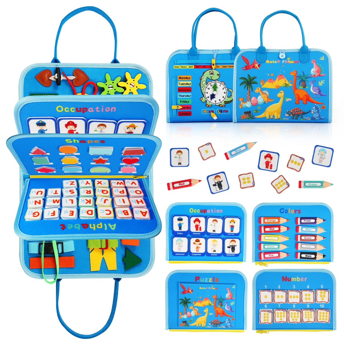 Toddler Busy Board Montessori Toys - Sensory Busy Book for Toddlers 1-3, Dinosaur Learning Activity for Fine Motor Skills, Airplane Car Travel Toy, Birthday Gift for 1 2 3 Year Old Boy Girl