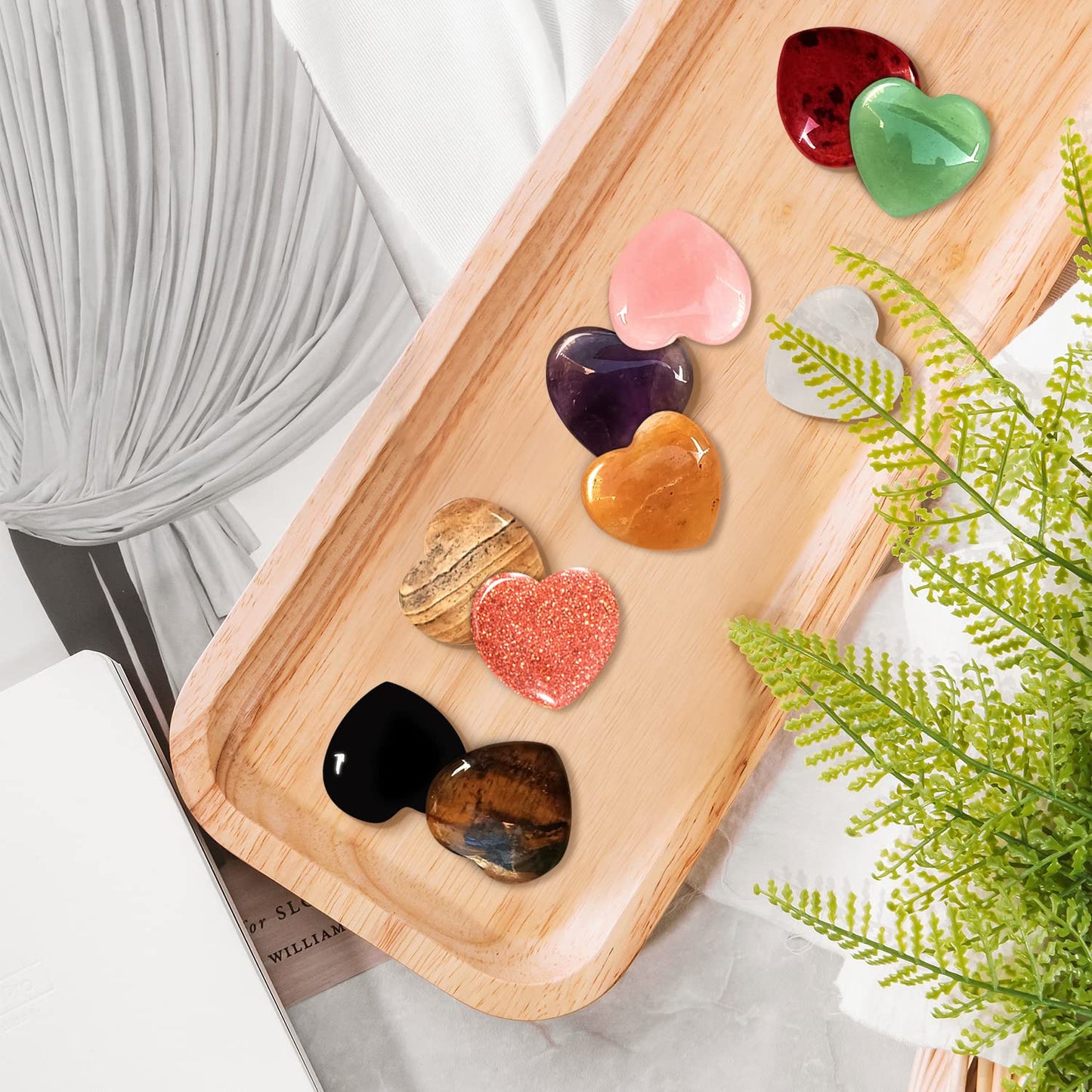 10 PCS Healing Crystals Bulk Natural Stone Heart Shape Amethyst Rose Quartz Tiger Eye Clear Quartz Obsidian Pocket Palm Thumb Gemstone Decor for Garden, Lawn, Flowerpot