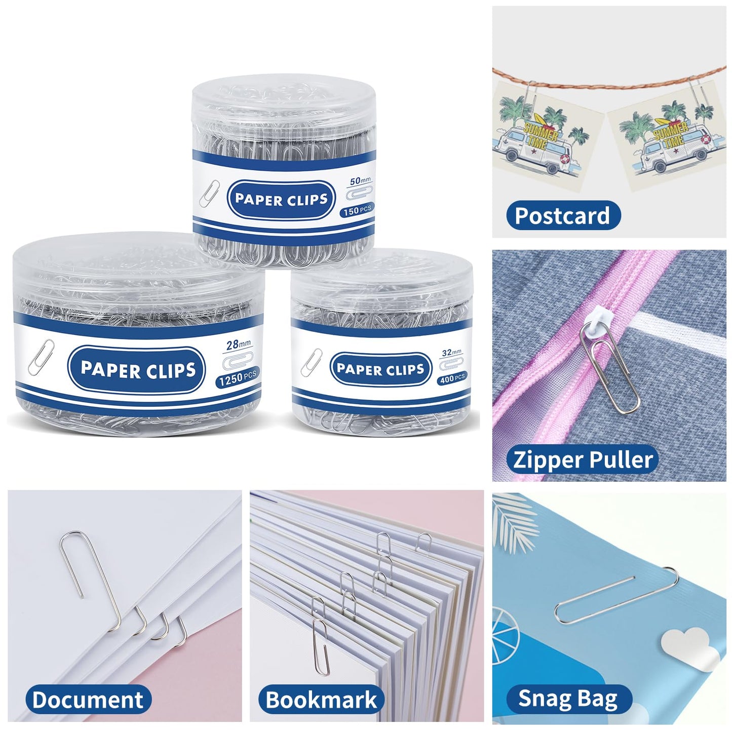 1800 Paper Clips Assorted Sizes Large, Medium and Small, Durable and Rustproof, Paperclips for Office School and Personal Use, Office Supplies Document Organizing (50mm, 33mm, 28mm) (Silver)