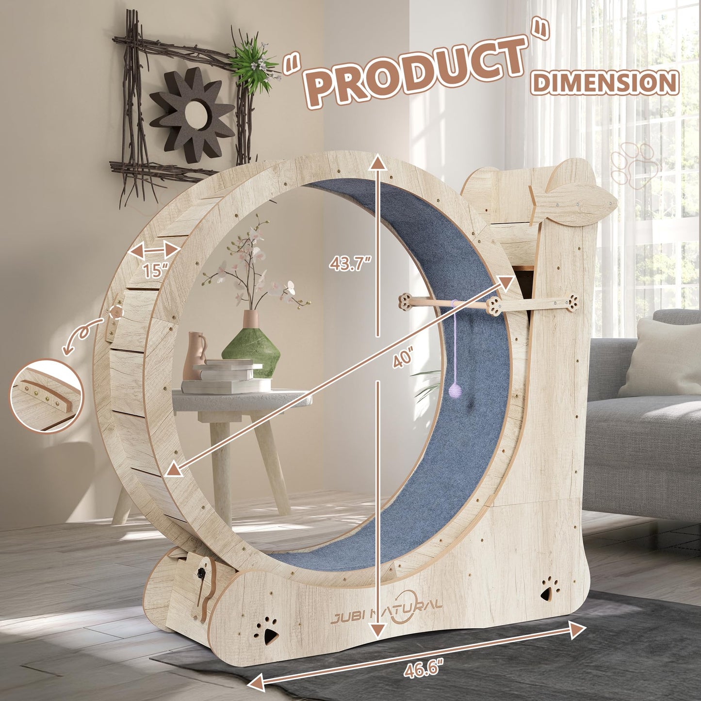 Cat Exercise Wheel, 43" Cat Running Wheels for Indoor Cats with with Locking Mechanism, Cats Treadmill Wheels with Scratching Board and Teaser Toy, Cat's Weight Loss and Health