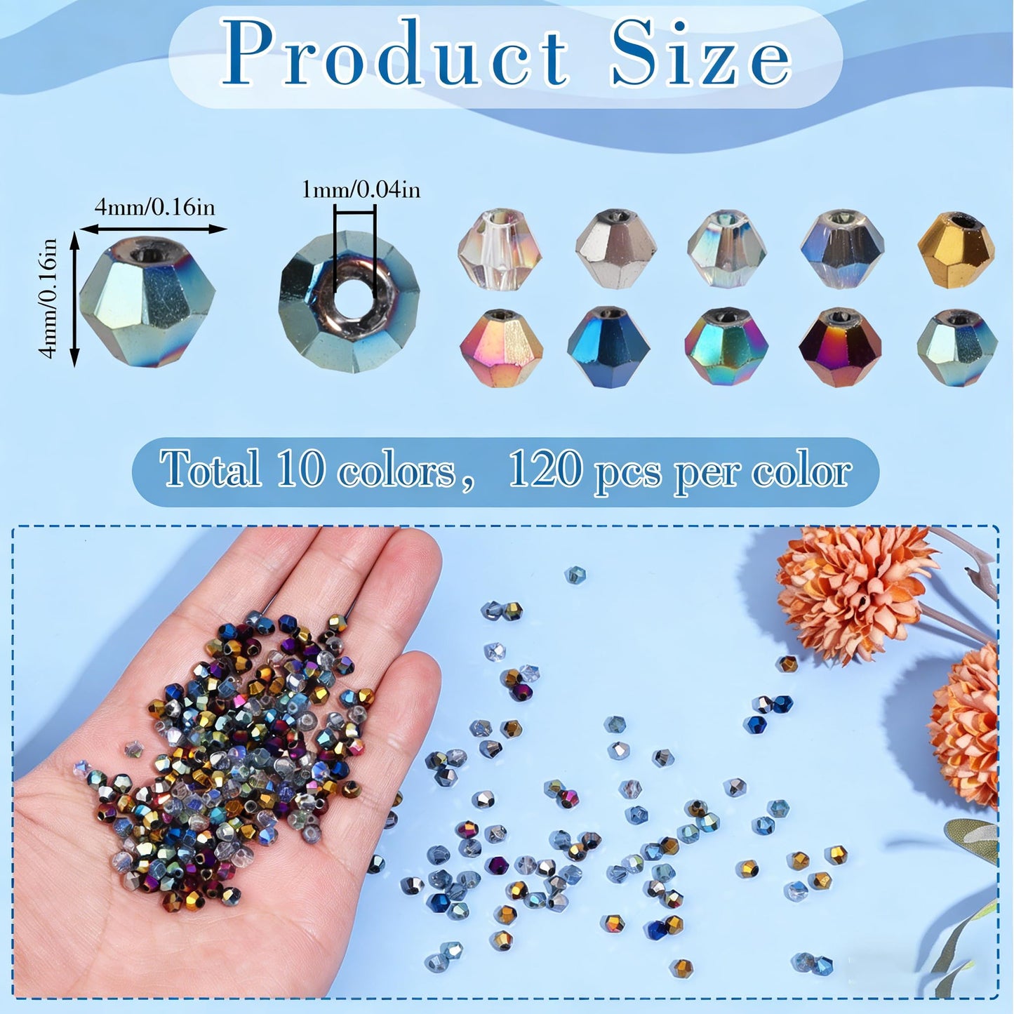 Beadtales 1200Pcs 4mm 10 Colors Electroplated Faceted Crystal Glass Bicone Beads Loose Bead for DIY Bracelet Necklace Earring Keychain Jewelry Making,AB Color