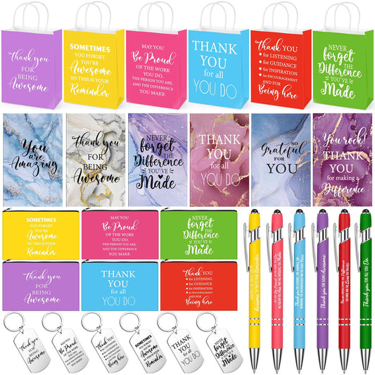 30 Pcs Volunteer Appreciation Gifts Bulk Include 6 Inspirational Makeup Bag 6 Colorful Gift Bag 6 Keychain 6 Marble Notepad and 6 Bamboo Ballpoint Pen for Staff Team Volunteer Week