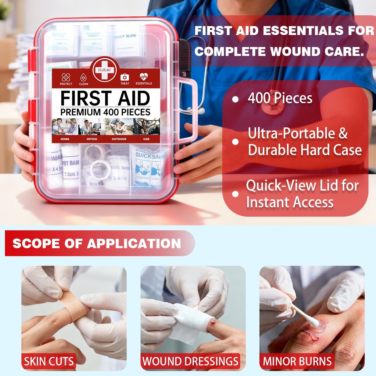 TLIEAO 400 Pieces All-Purpose First Aid Kit - Organized Dual-Layer Wall - Professional Medical Kit for Home, Car, Camping, Travel, Office, Outdoor, Business & Sports